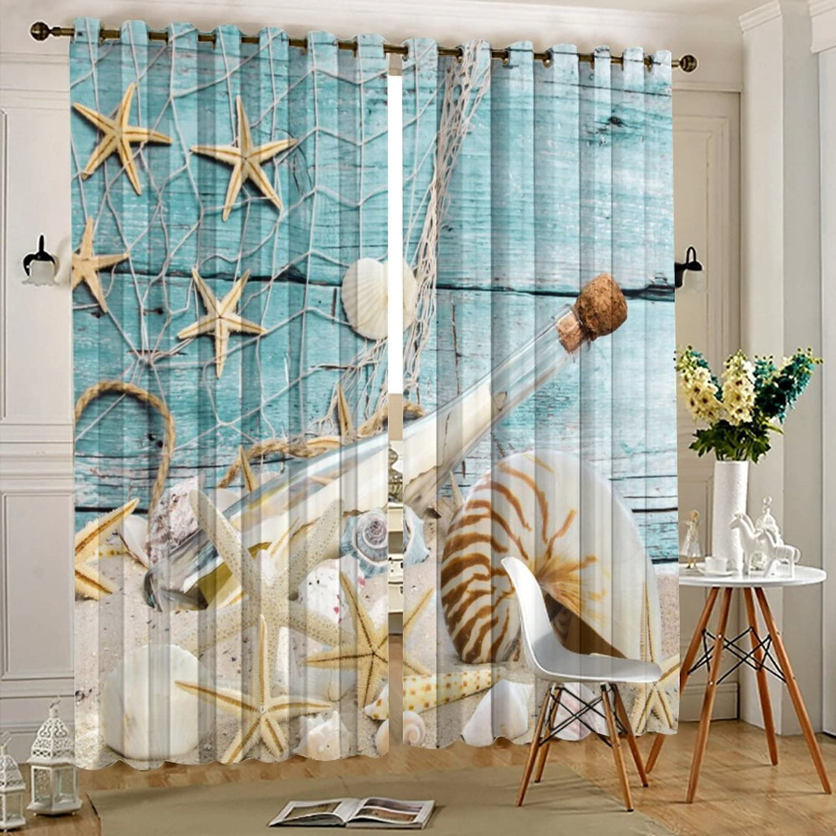 Kazynee Vintage Nautical Beach Theme Room Darkening Blackout Window Curtains with Grommets,Abstract Ocean Beach Fishing Net Starfish Theme Energy Efficient Window Treatment 2 Panels 45L x 21W