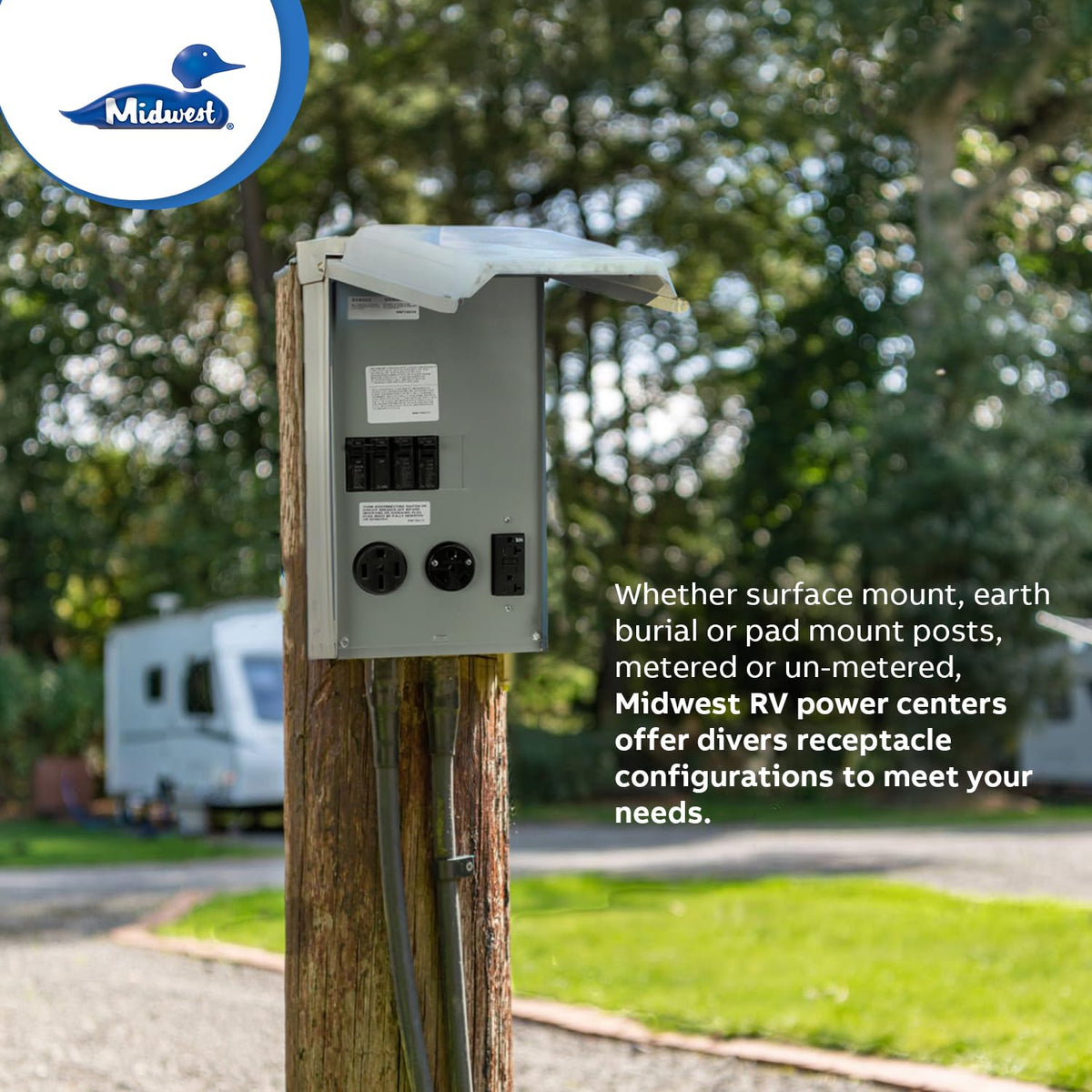 MIDWEST U075CTL010 • Weatherproof RV Power Centre • 100A Twin Lugs • Unmetered N3R Power Supply • Surface Mounted • 10kAIC • 50A/30A/20A breakers with 14-50RWR • TT-30RWR • 5-20R2GFCIWR Receptacles