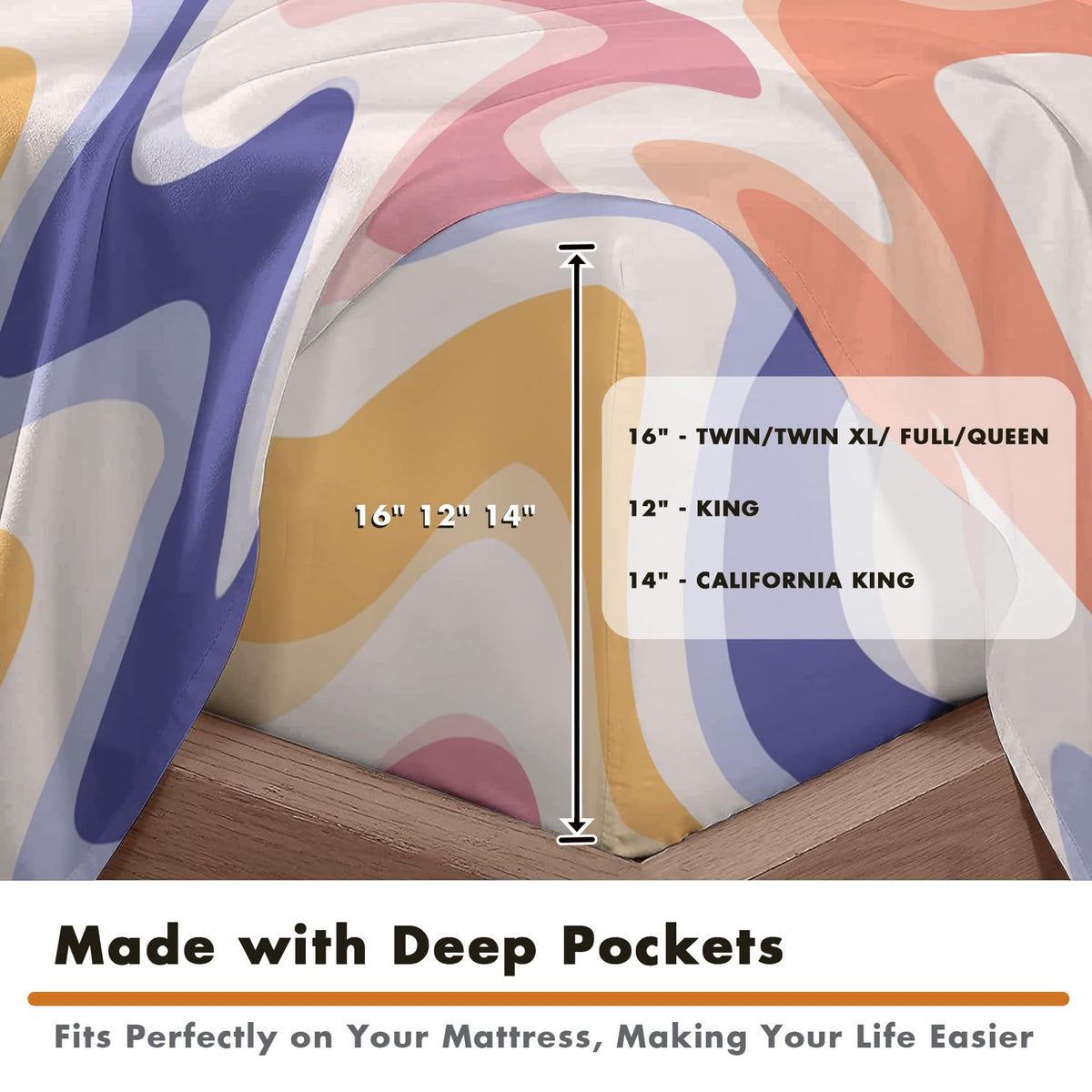 NOGAWA 70s Retro Sheets King, Abstract Waves Bed Sheets, Colorful Bedding Sheets, Soft Microfiber Deep Pocket Fitted Sheet, Flat Sheet, 2 Pillowcases