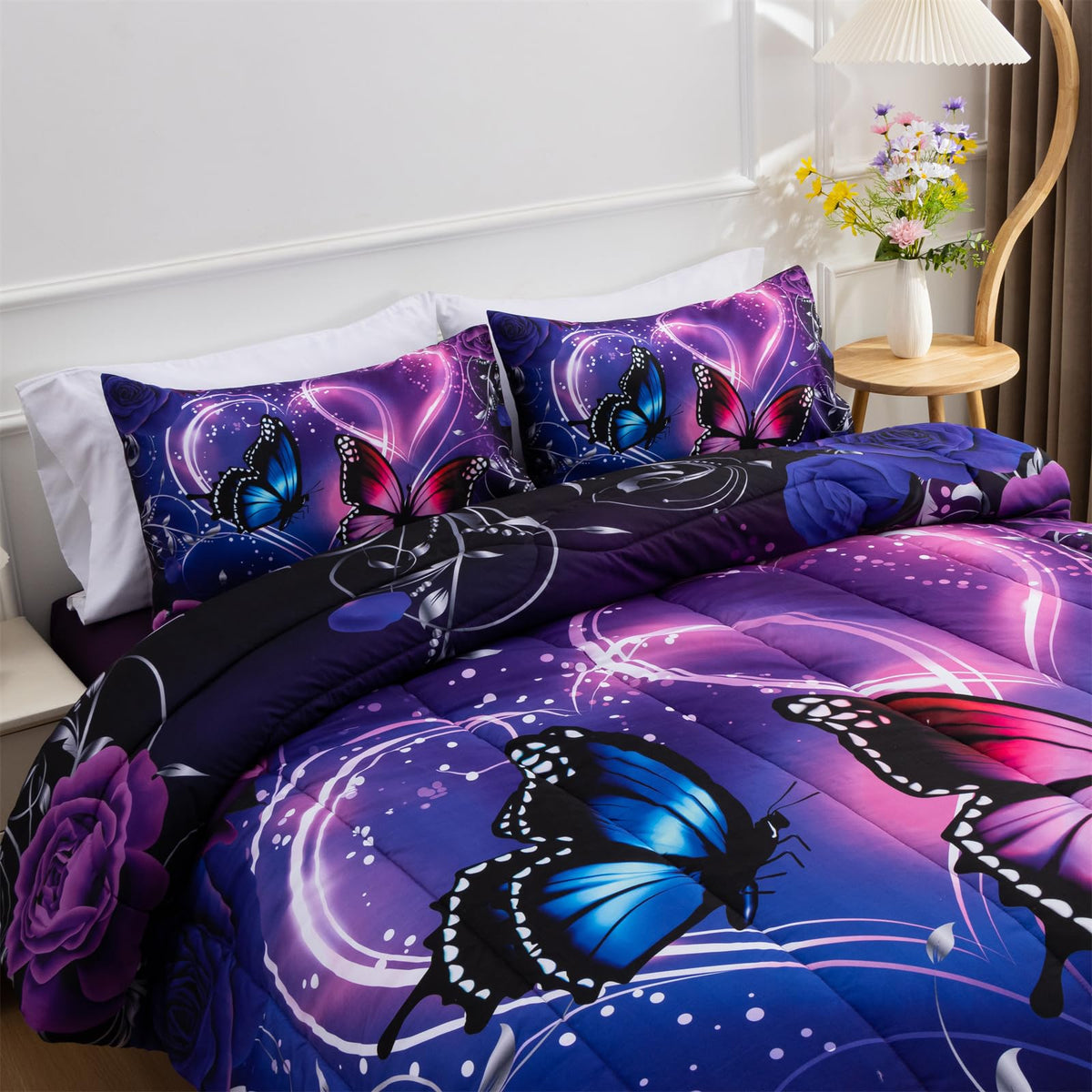 A Nice Night Galaxy 6pcs Bed in A Bag Purple and Blue Dreamy 3D Butterfly Printed, Butterflies Bedding Twin Comforter Set, for Girls Kids Teens
