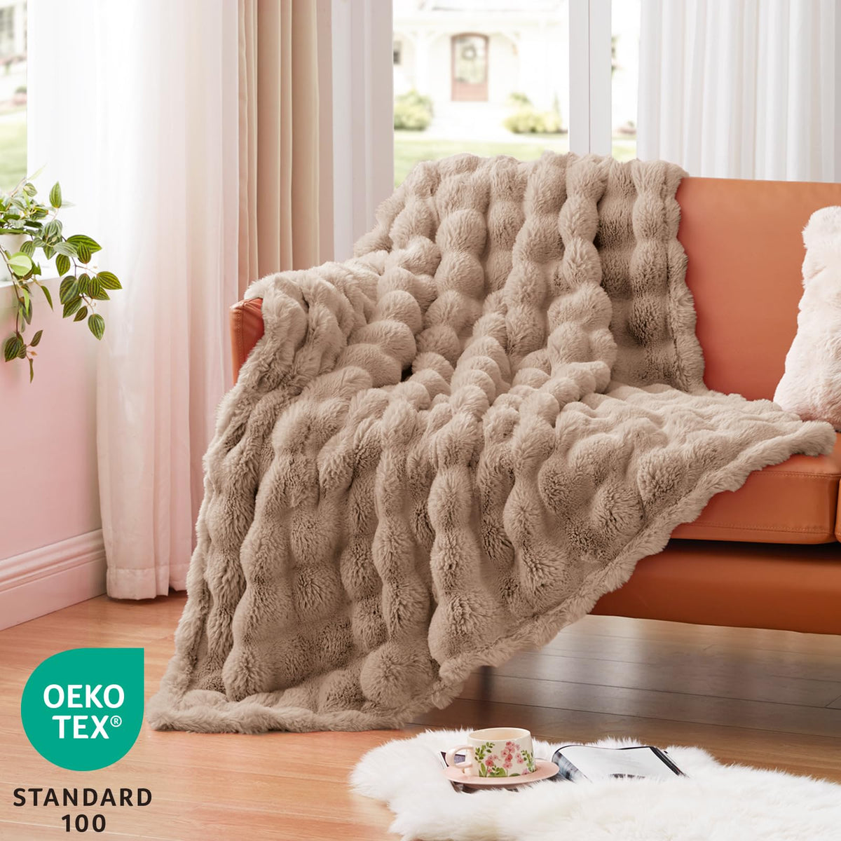EXQ Home Fluffy Faux Rabbit Fur Throw Blanket for Couch, Soft Luxury Bubble Double Sided Plush Blanket, Cozy Thick Warm Fuzzy Decorative Blanket for Bed Chair Sofa Living Room,50"X60"(Brown)