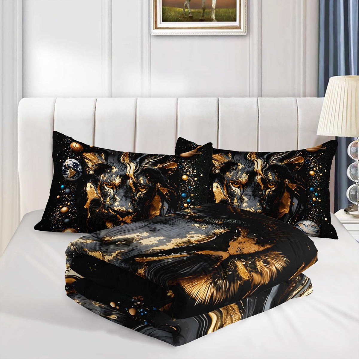 XYNHML 3D Black Golden Lion Theme Comforter 3Pcs Twin Outer Space Planet Earth Bedding Set for Kid Teen Girl Boy Adult Tropical African Wildlife Lion Quilt Bed Decor with 1 Comforter & 2 Pillowcases