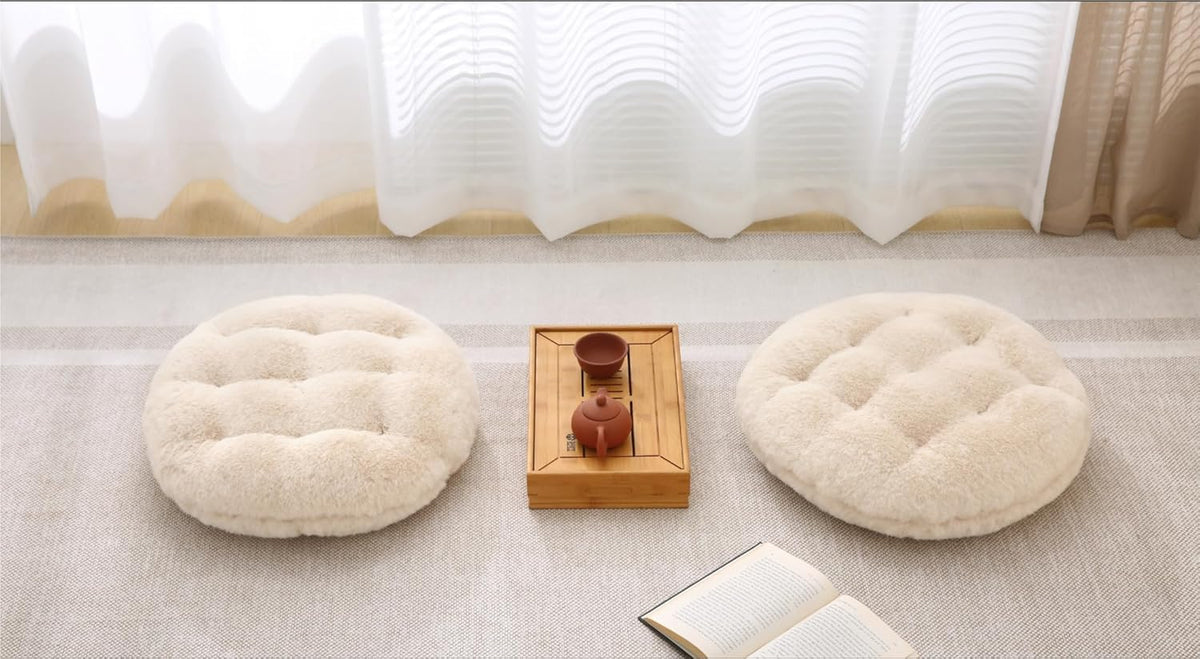 Volple Large Floor Pillow Meditation Cushion Round Floor Cushions for Adults,Luxury Faux Fur Thick Floor Pillows for Sitting Put in Living Room Balcony Outdoor Tatami（Beige）
