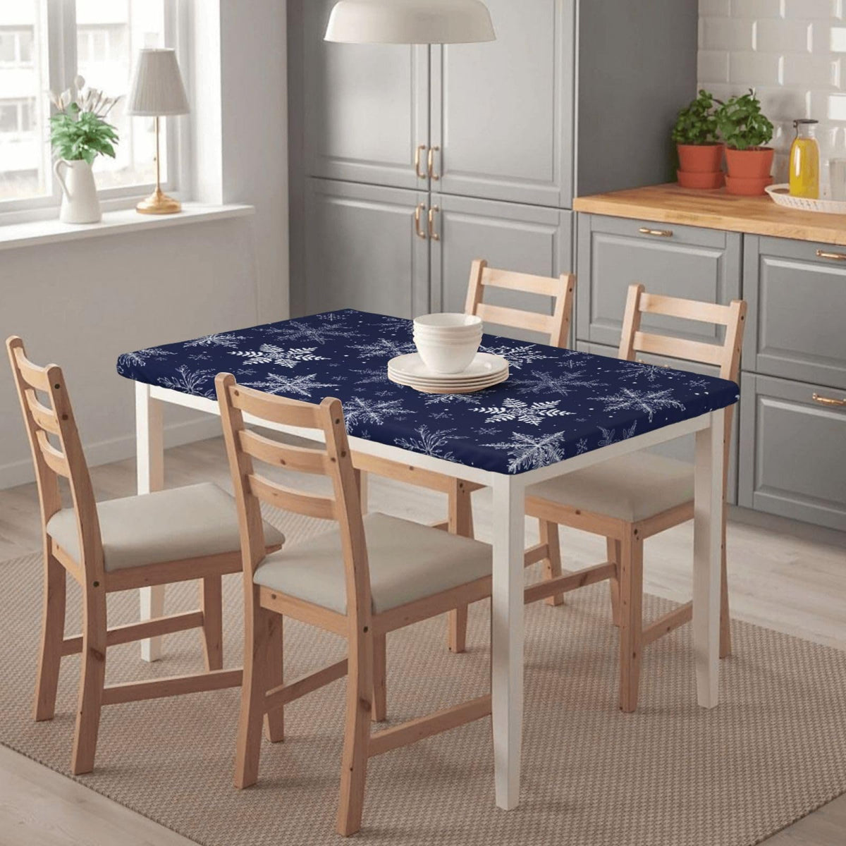 Fiokroo Winter Snowflakes Blue Tablecloth with Elastic Edge for 4ft Rectangle Table, Table Cloth Christmas Washable Table Cover for Kitchen Dining Party Outdoor Picnic Decoration, 48" L X 30" W