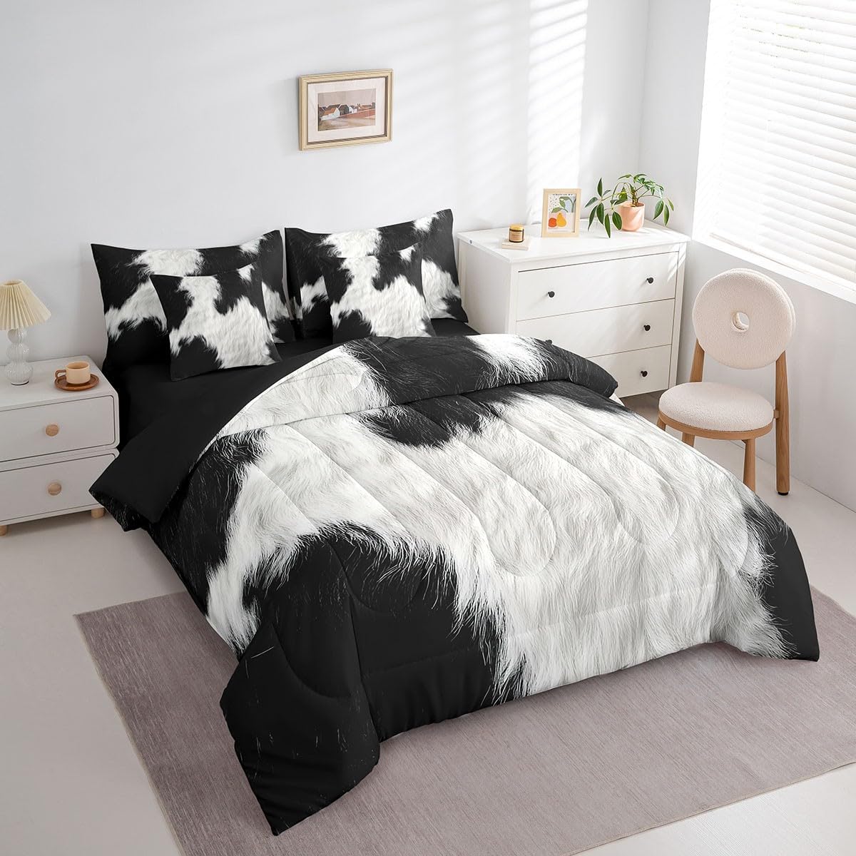 Erosebridal Cute Cow Print Twin Bedding Set 7 Piece for Boys Black White Cowhide Bed in A Bag for Kids Teens Youth Adult Western Farmhouse Fur Comforter Set with Sheetcountry Animal Skin Bed Sets