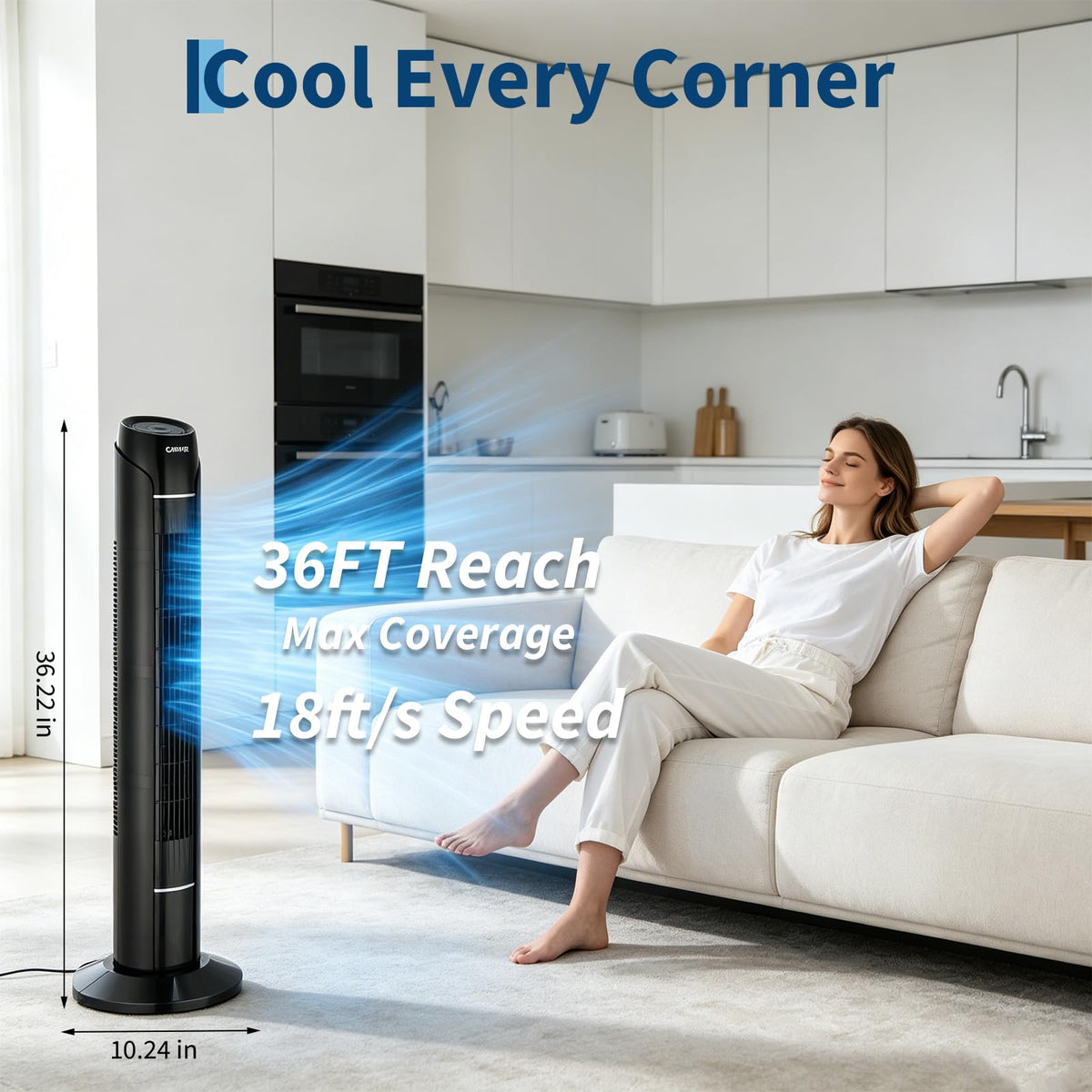MilleLoom Tower Fan for Bedroom, Upgraded DC Motor | 18ft/s Wind Speed | 56dB Quiet Floor Fan for Bedroom | 60° Oscillating Standing Fan with Remote & Touch Screen | 3 Speeds, 4 Modes