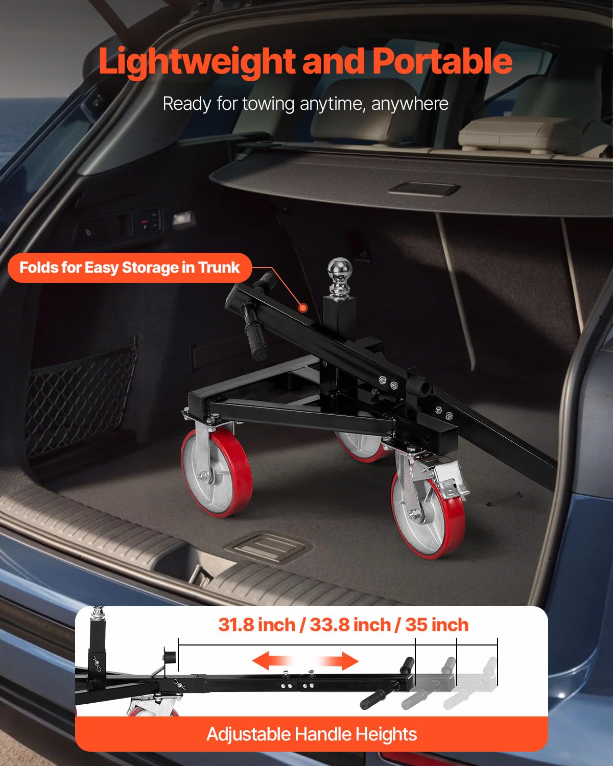 VEVOR Trailer Dolly, 3500lbs Tongue Weight Capacity, 18 inch and 22 inch Height Adjustable Trailer Dolly, with 2 inch Hitch Ball, Adjustable Handle Length, 8-inch Swivel Wheels, for Moving RV Trailer