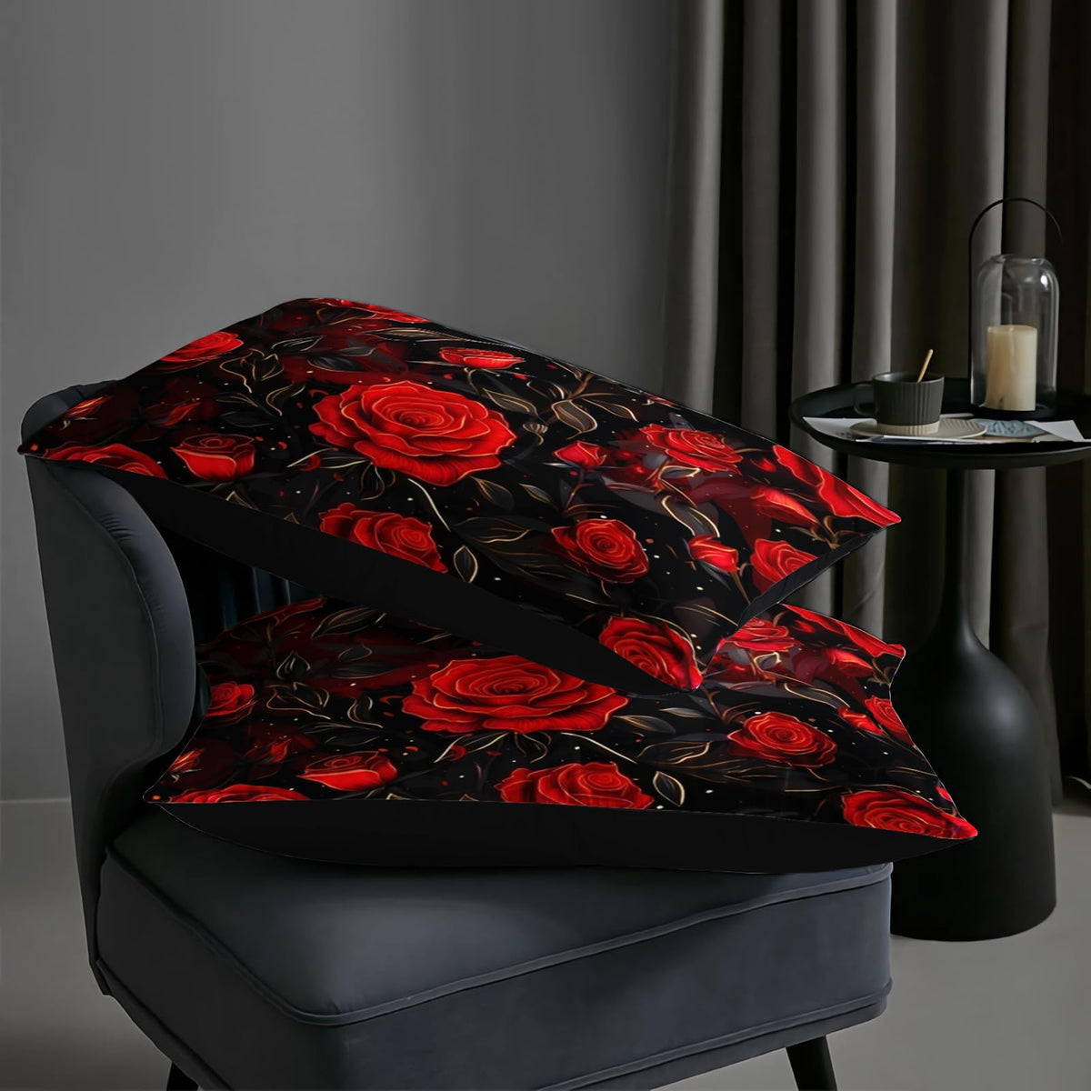AILONEN Crimson Rose Twin Comforter Set 3 Piece, Black Floral Bedding, Gold Vine Dark Garden Print, Dorm Bedroom, 2 Pillowcases