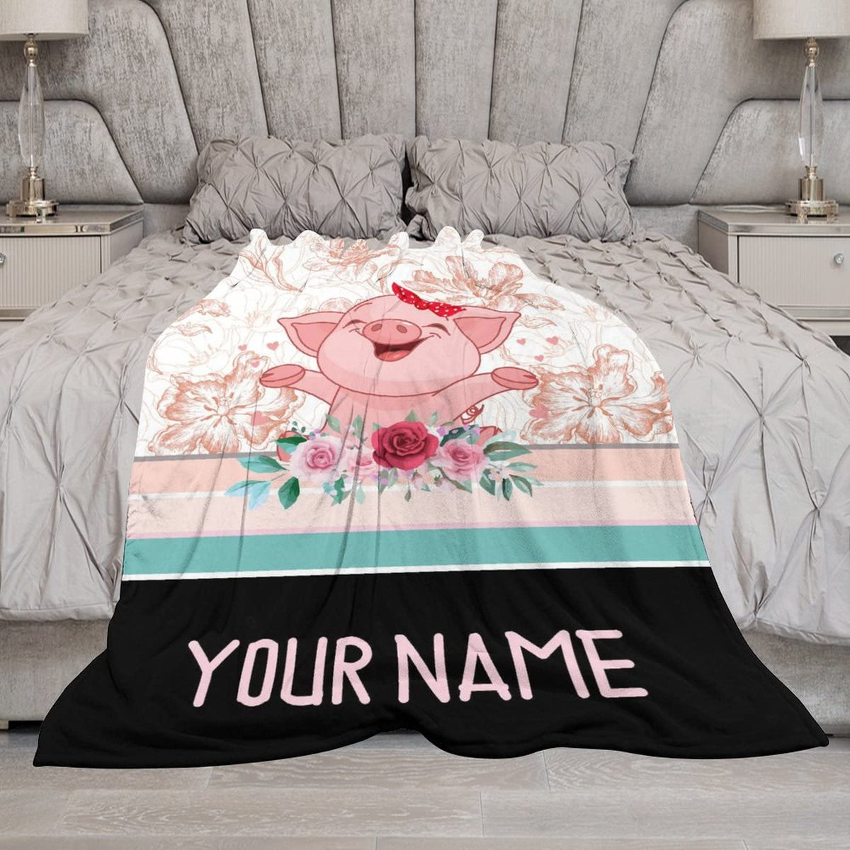 Personalized Pig Blanket Gifts with Text Name,30"x40" Flannel Fleece Throw Blanket Soft for Girls Boys Adults, Lightweight, Comfortable, Warm Cute Pig Themed Blanket for Bed Couch