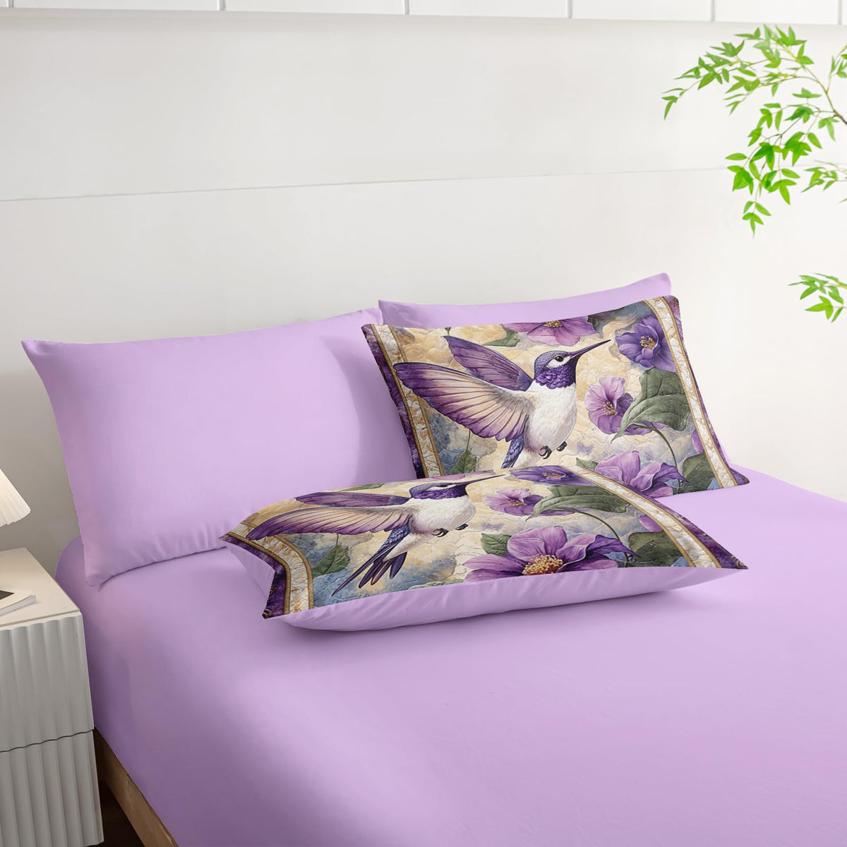 AILONEN Beautiful Hummingbird Bed in a Bag Queen Size - Purple Flower Bird Theme - 3Pcs Soft Microfiber Boho Comforter for Girls Women - (Sheets,Pillowcases)