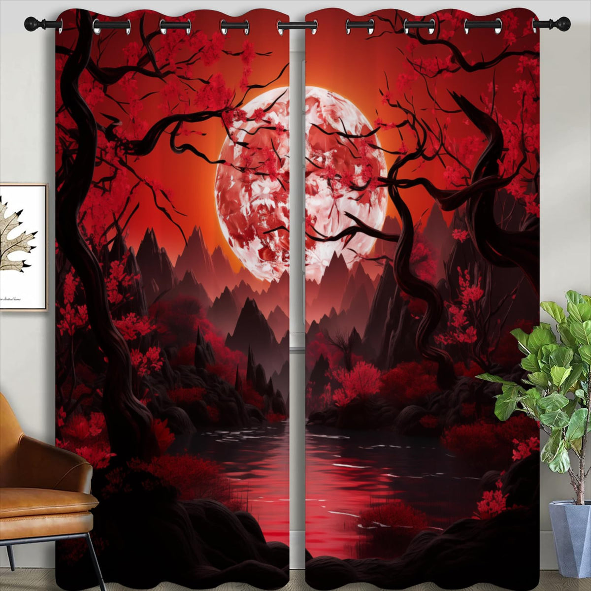 LHROOMJK Japanese Blackout Curtains for Boys Girl Bedroom Home Decor,Asian Anime Red Plum Red Moon Landscape Painting Thermal Insulated Grommet Darkening Living Room Window Drapes, 72 x 63 inch