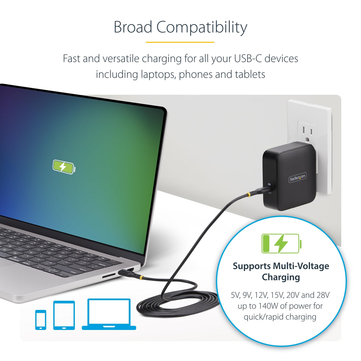 StarTech.com 140W USB-C Wall Charger, USB-IF Certified, Single USB-C, PD 3.1 Portable GaN Charging, Power Adapter for MacBook M3 Pro/Max, Dell XPS/Inspiron/Precision