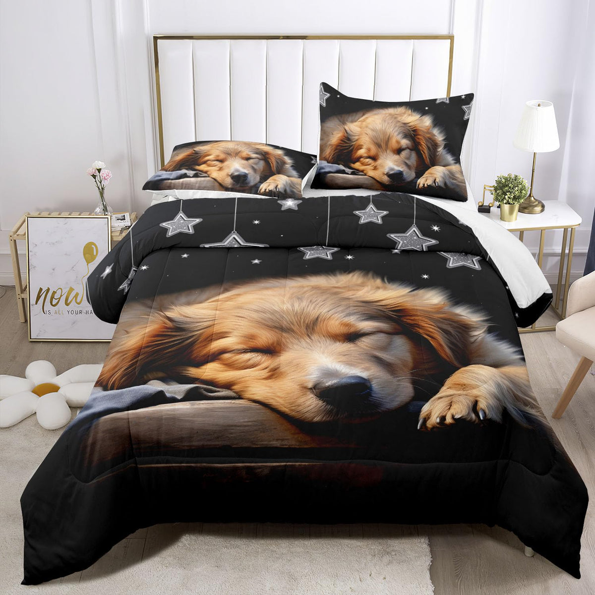 Raphus Cucullatus Dog Print Comforter Set Twin, Puppy Dog Pals Bedding Set, Animal Print Black Comforter, Kawaii Bedding Sets for Girls, Cute Comforter Sets for Twin Size Bed