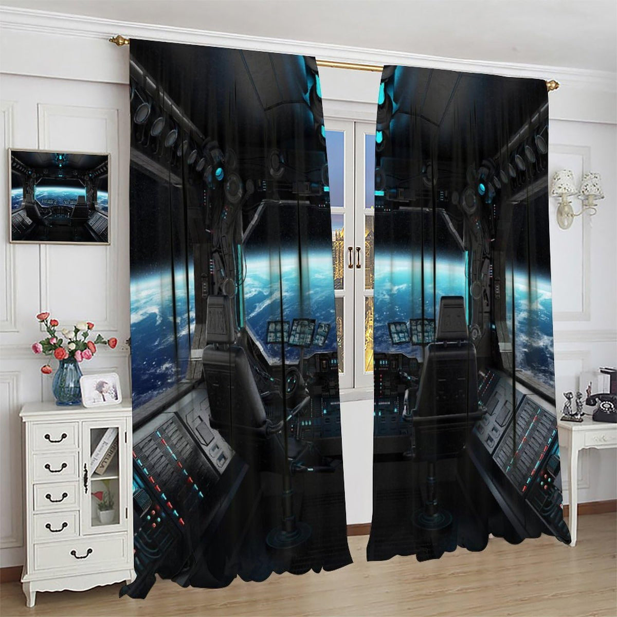 YSWOW Spaceship Curtains Galaxy Futuristic Science Spacecraft Cabin Art Printed Window Drapes for Kids Boys Bedroom Decor Fabric 2 Panel W21xL45in