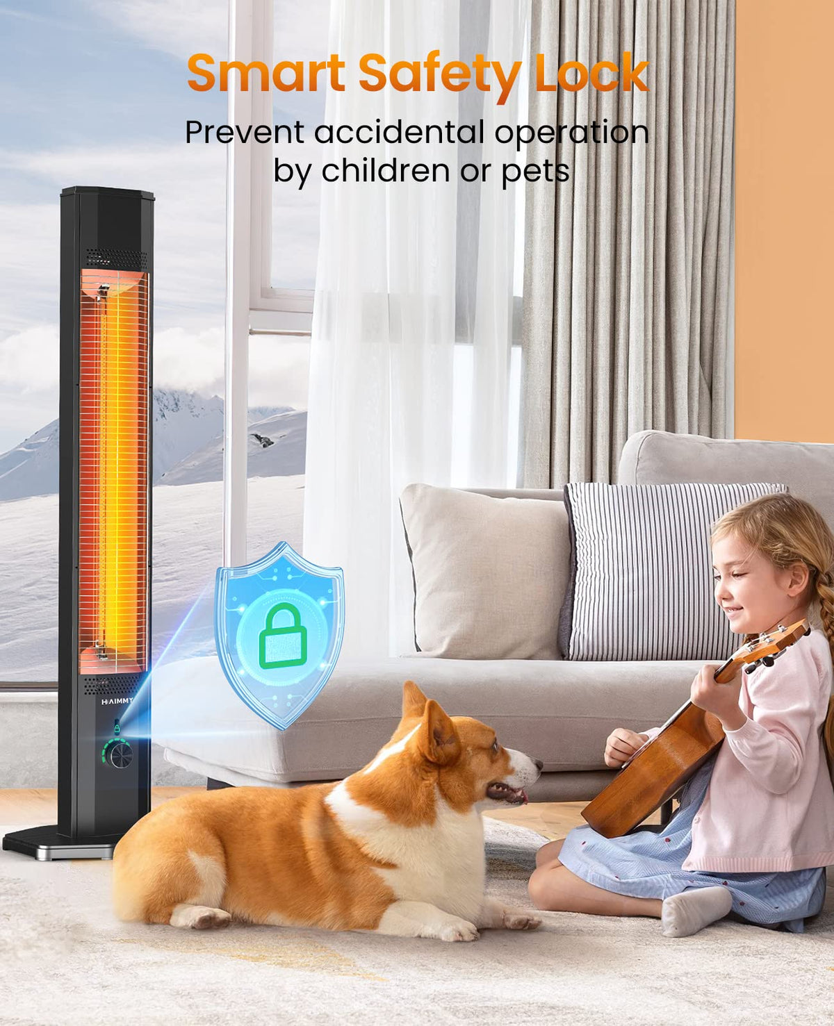 Outdoor Electric Patio Heater, Haimmy 42in Infrared Heater with Remote, 9 Heat Levels, 9H Timers, 1500W Instant Heating, Safety Lock, Tip-Over & Overheat Protection, IPX5 Waterproof Tower Space Heater
