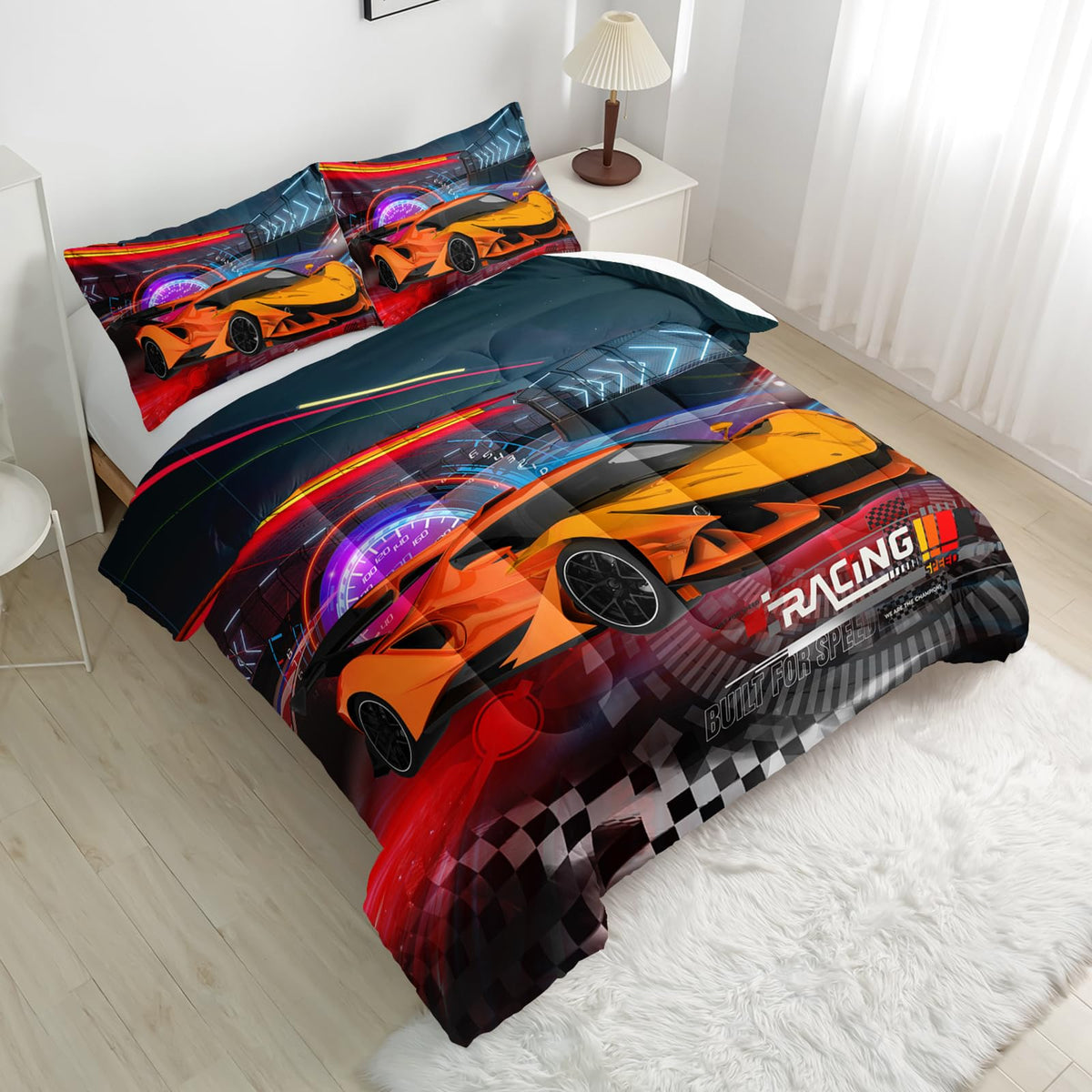 Nttopship Racing Cars Comforter Sets King Size,Bedding Sets 3PCS for Kids,Sports Car Theme Bedding Sets All Season 1 Comforter and 2 Pillowcases