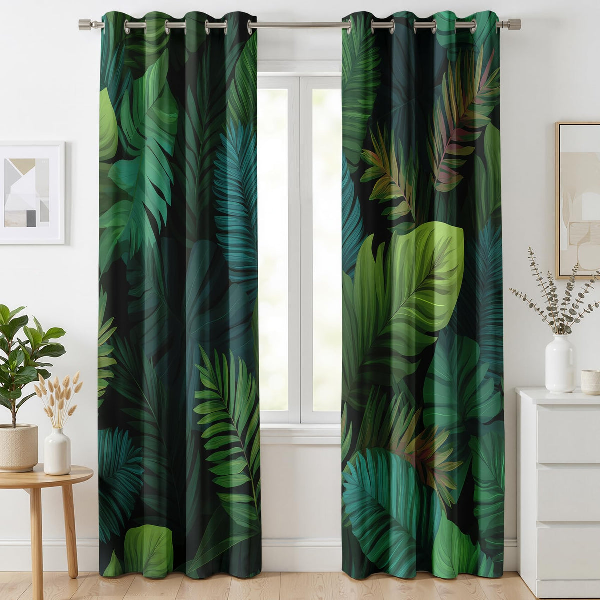 Mistwalk Green Monstera Leaf Curtains Blackout, 54 Inch Curtains for Bedroom & Living Room, Room Darkening Thermal Insulated Grommet Drapes, Tropical Rainforest Patterned Window Treatments