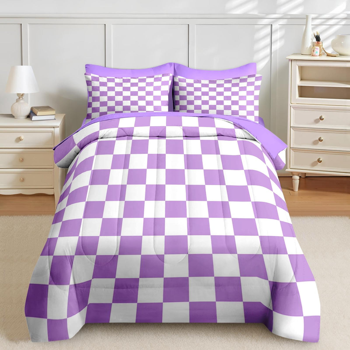 Nesker Comforter Set Full Size, Purple Plaid Gingham 7 Pcs Bedding for Kids and Adults, Checkerboard Grid Bed Sheet Sets with Fitted Sheet 2 Pillowcases & 2 Shams