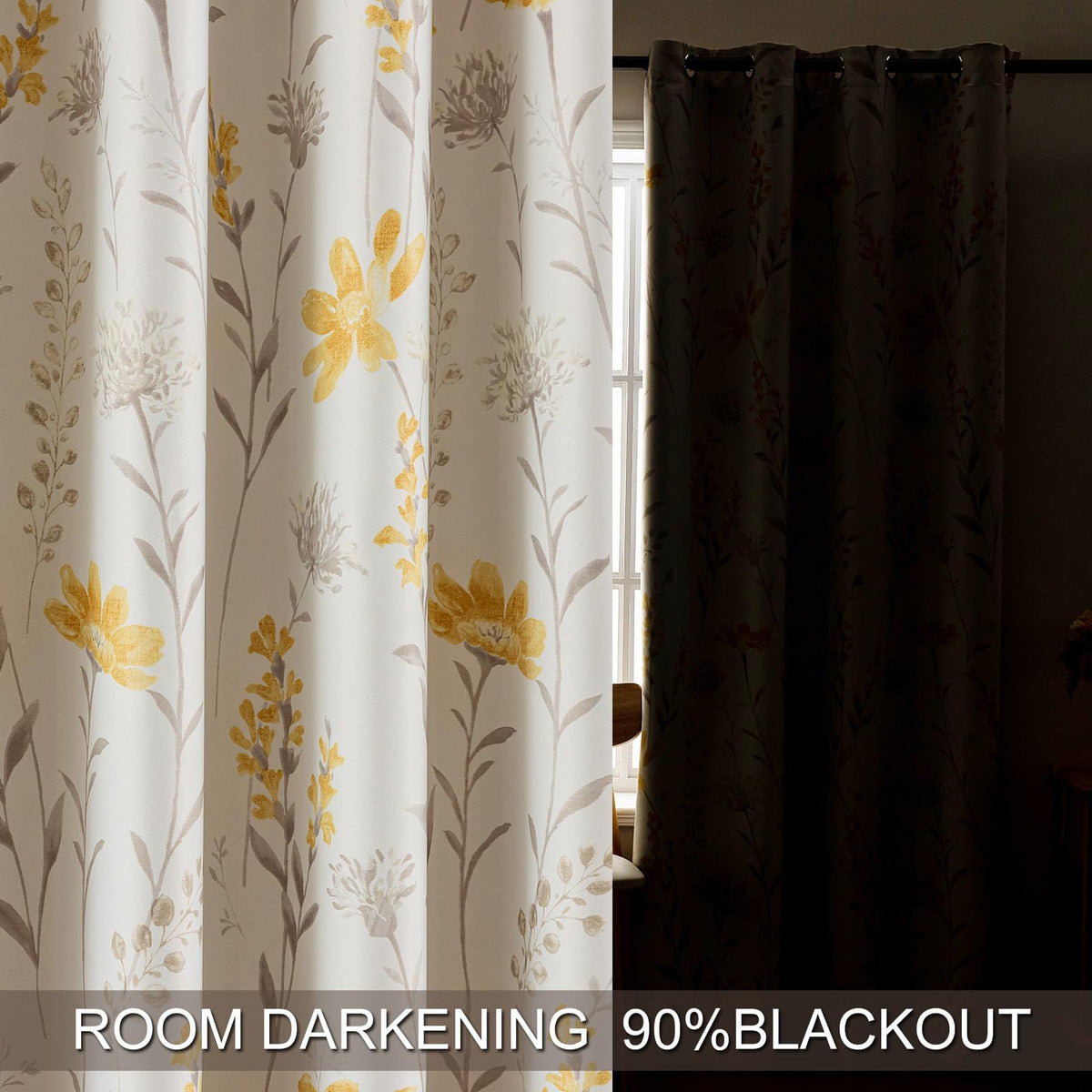 SUOUO Yellow Floral Blackout Curtains for Bedroom 96 inches Long Patterned Grey Leaf Thermal Insulated Window Drapes for Living Room 2 Panels