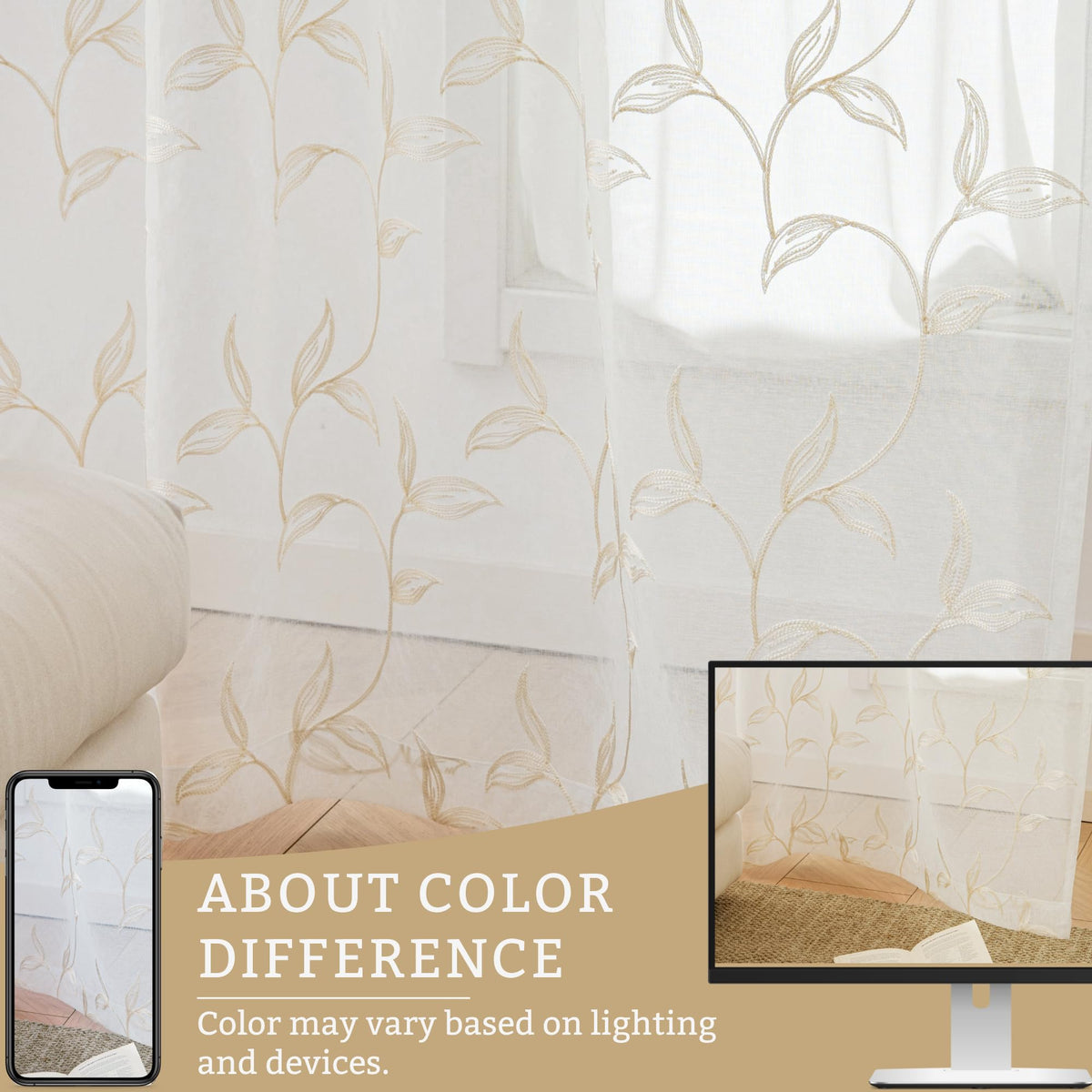 VISIONTEX 2 Panels Sheer Curtains 84 Inches Long, Cream Beige Floral Leaf Embroidered Semi Sheer Voile Curtains, Rod Pocket Light Filtering Window Drapes for Bedroom Living Room 54W x 84L