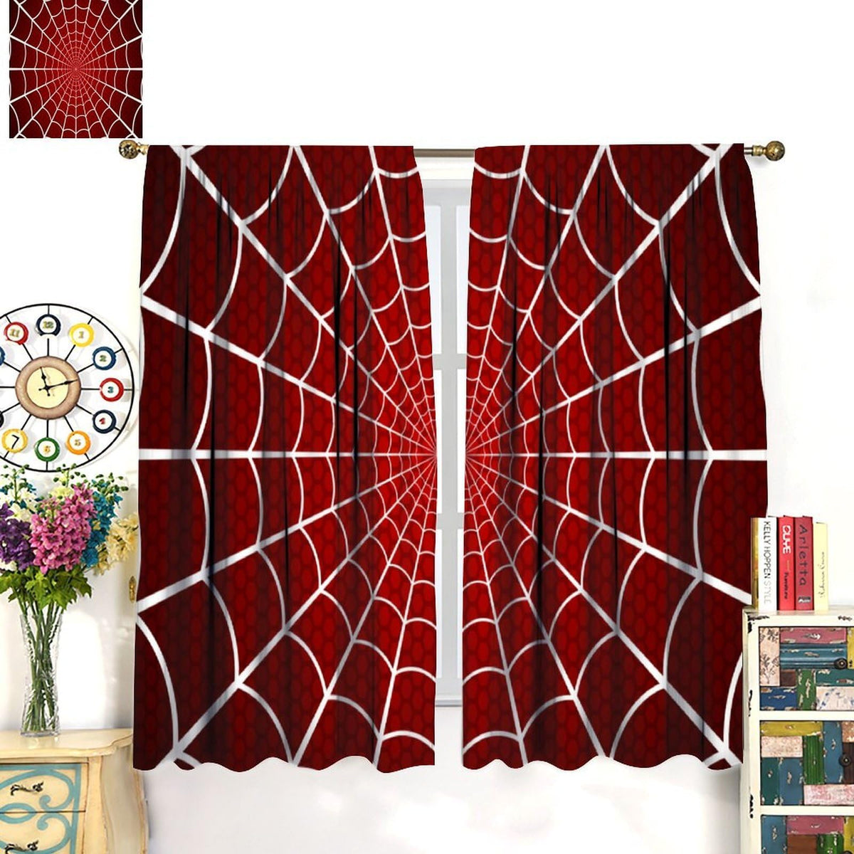 Djaby Red Spider Web Curtain, Scary Spider Web Halloween Theme Print Window Drapes for Kids Baby Nursery Room Bedroom Living Room 42" W X 45" L(No Blackout)