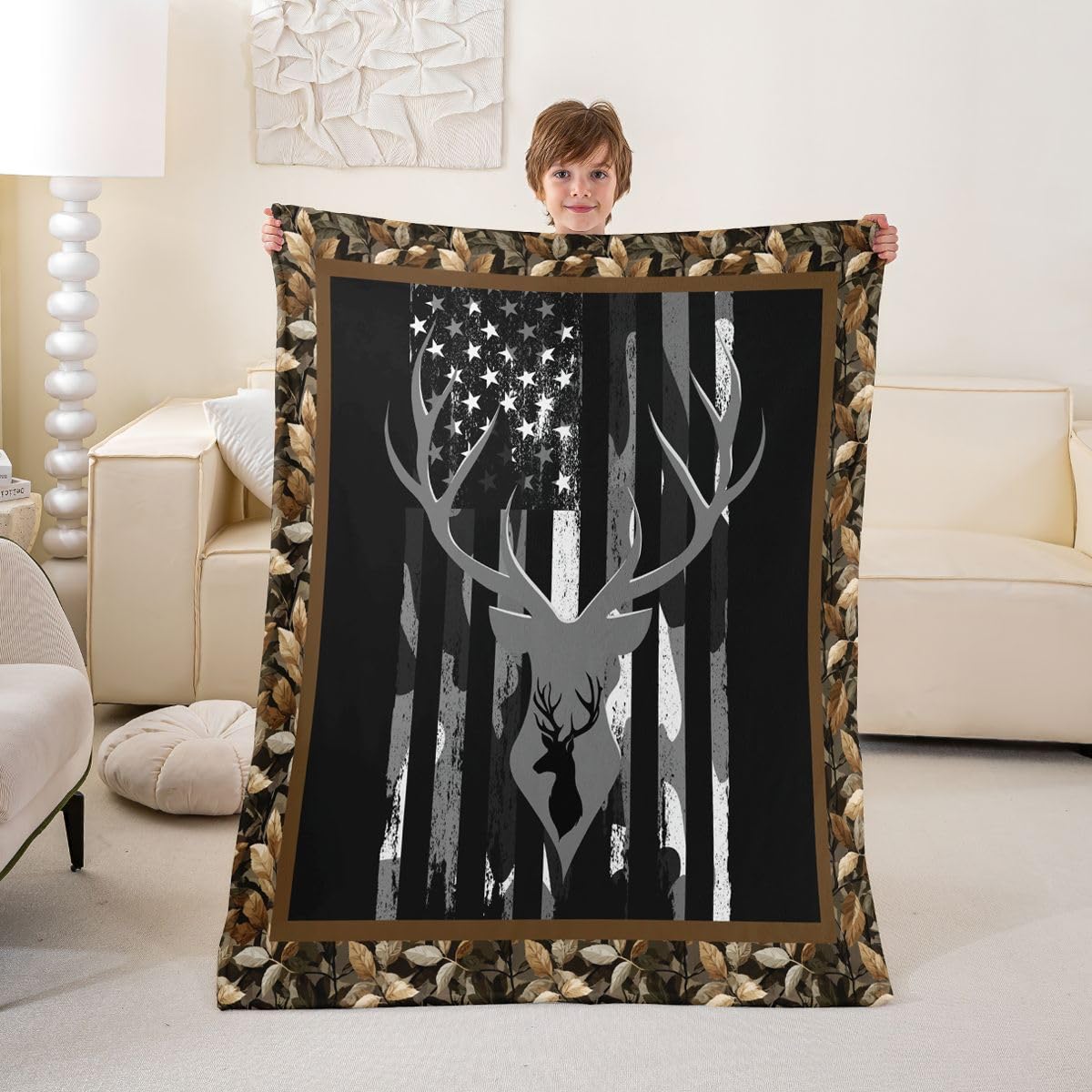 Erosebridal Wild Deer Blanket for Boys,American Flag Throw Blanket 40x50 Inch,Hunting Animal Fleece Blanket All Season,Geometric Striped Fuzzy Blanket for Bedroom