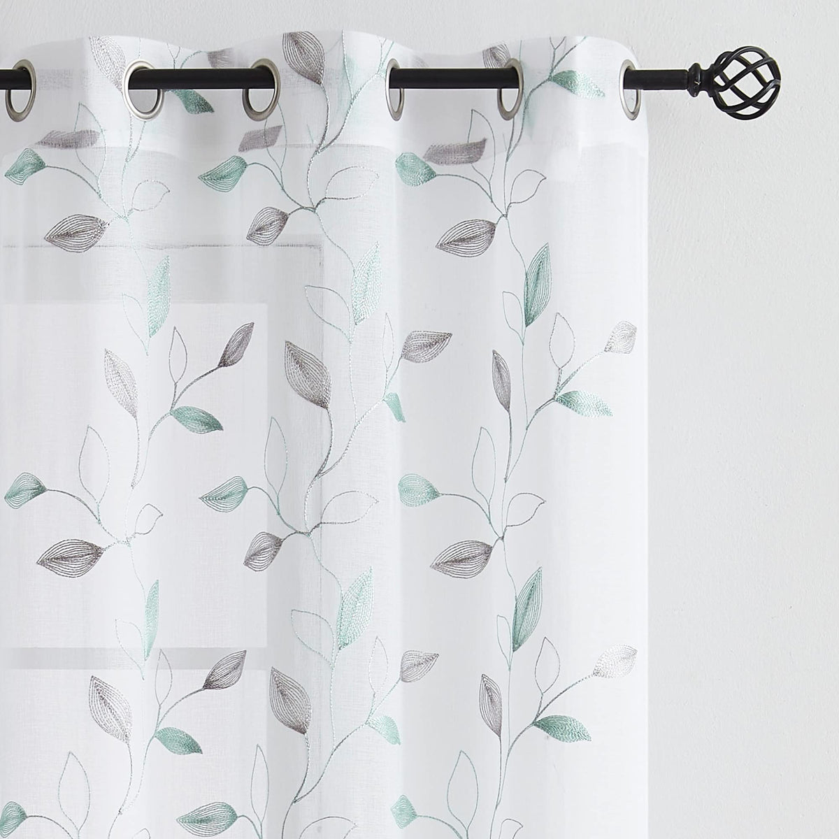 Bujasso Embroidered Leaf Sheer Curtains Floral Farmhouse Light Filtering Window Panels Botanical Patterned Drapes for Living Room Bedroom Grommet Top, Gray Teal 38" Wx84 Lx2