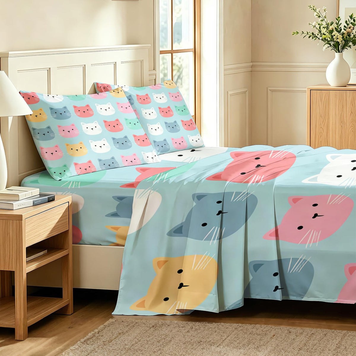 Cute Cat Sheet Set, 4 Pcs Full Size Girls Kitten Bed Sheets