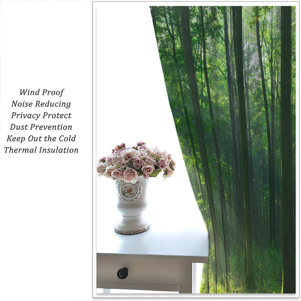 Green Misty Forest Curtains Nature Sunshine Sunlight Through Trees Leaves Natural Forest Woodland Landscape for Bedroom Living Room Rod Pocket Decoration Window Drapes 2 Panels W21xL63i W21xL45in