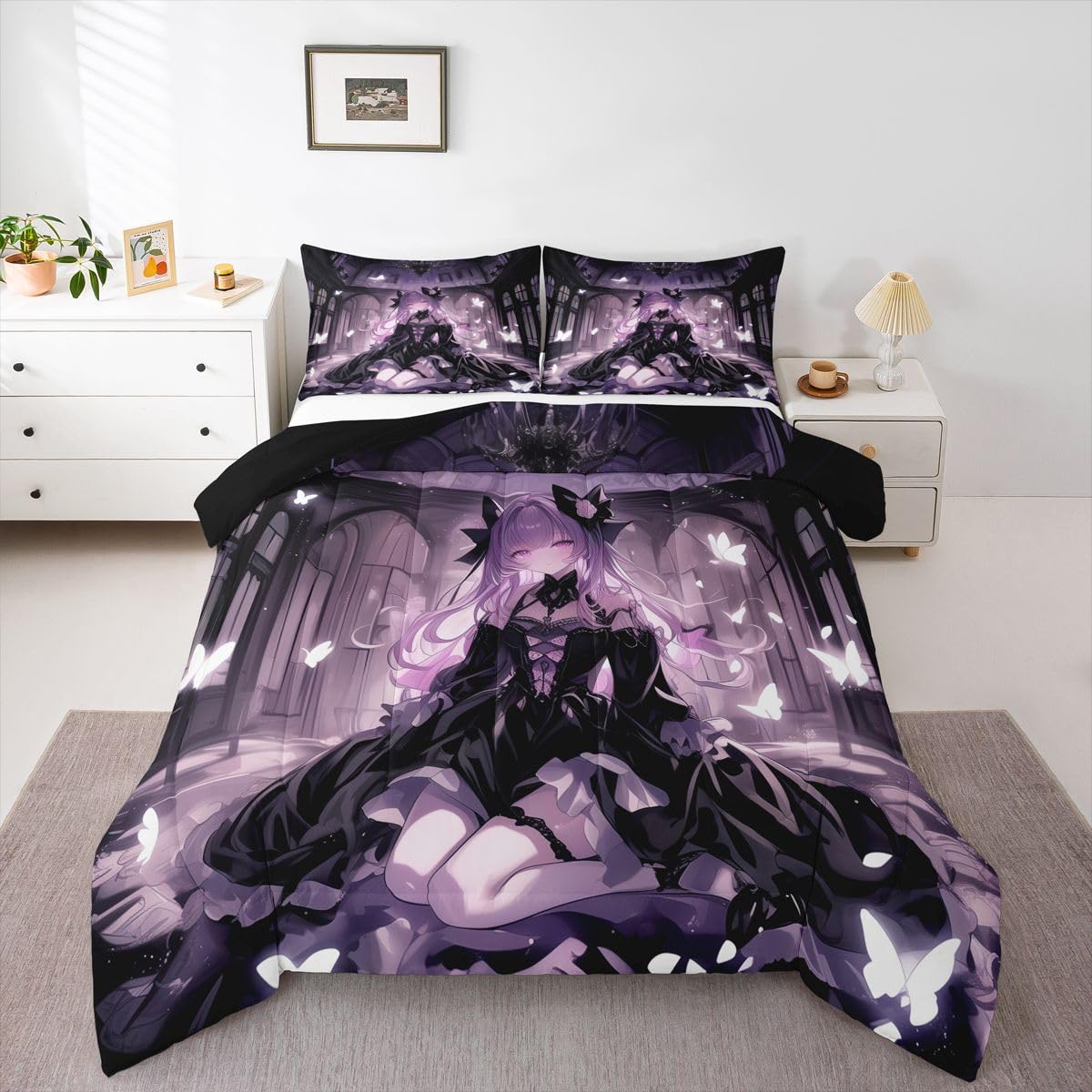 Erosebridal 3D Girly Kids Comforter Set | Japanese Girl Bedding Twin Size Anime Gifts Down Comforter Purple Dreamy Butterfly Print Duvet Set for Bedroom