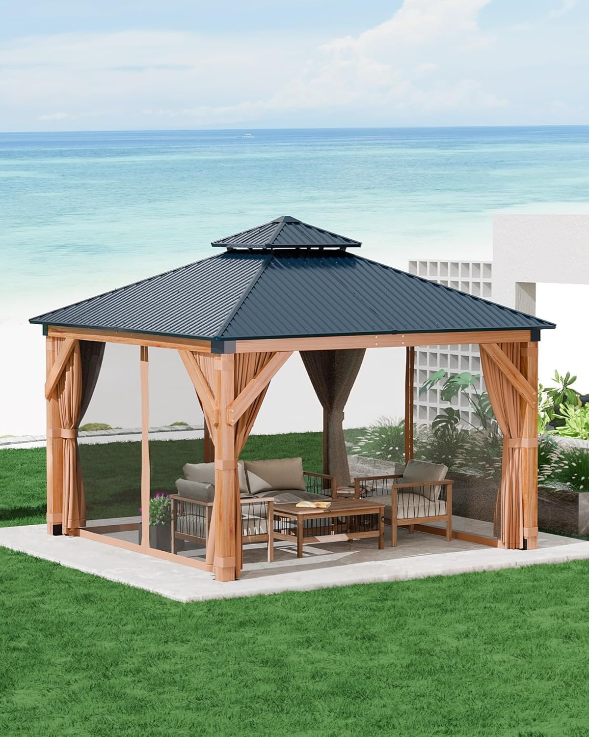 10x10FT Heavy Duty Hardtop Wood Gazebo, Double Metal Roof, Reinforced Spruce Structure, Waterproof Pergola Pavilion with Curtains & Mosquito Net for Outdoor Patio, Deck, Yard