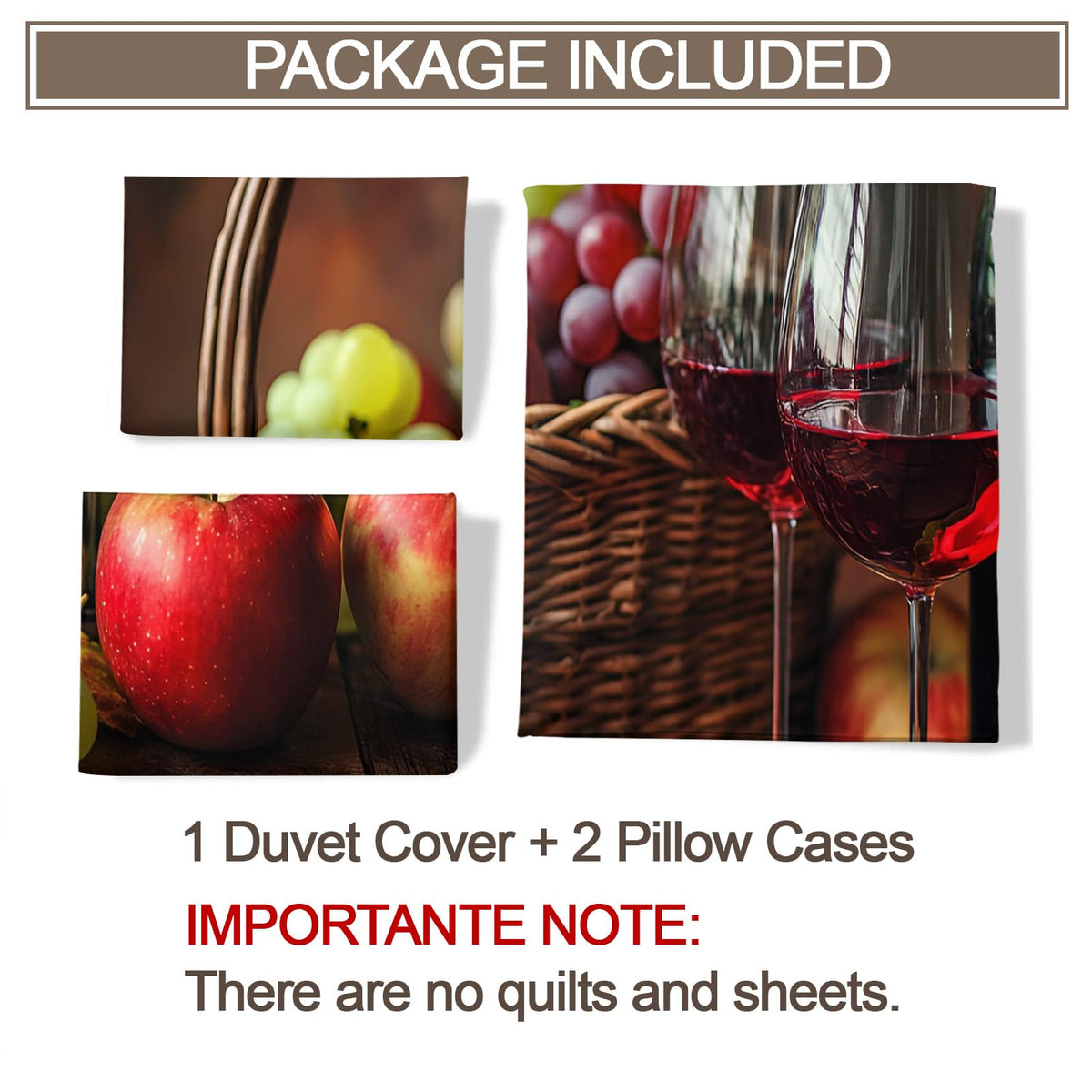 PAISUOQ Rustic Duvet Cover King Size, Country Kitchen Bedding Set, 3 Piece, Soft Microfiber Patterned Comforter Cover with Zipper Ties & 2 Pillowcase, Red Wine & Grapes Bedroom Decor & Gifts