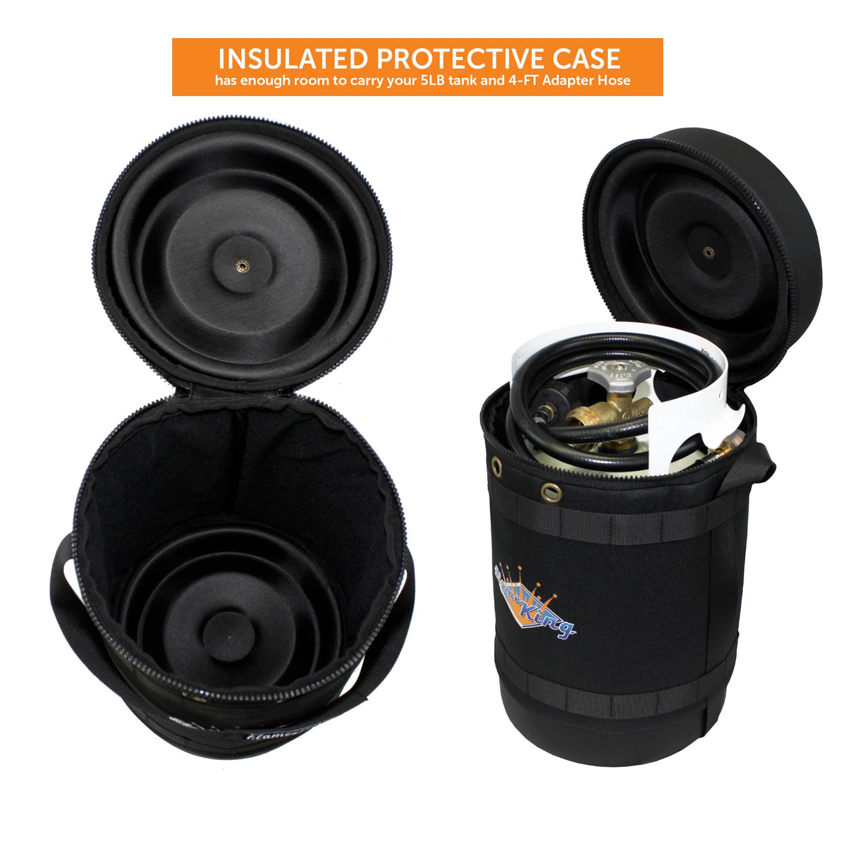 Flame King Gas Hauler Kit - Insulated Protective Carry Case, 5LB Propane Tank and Adapter Hose for Camping and Outdoor Adventures, Black/White