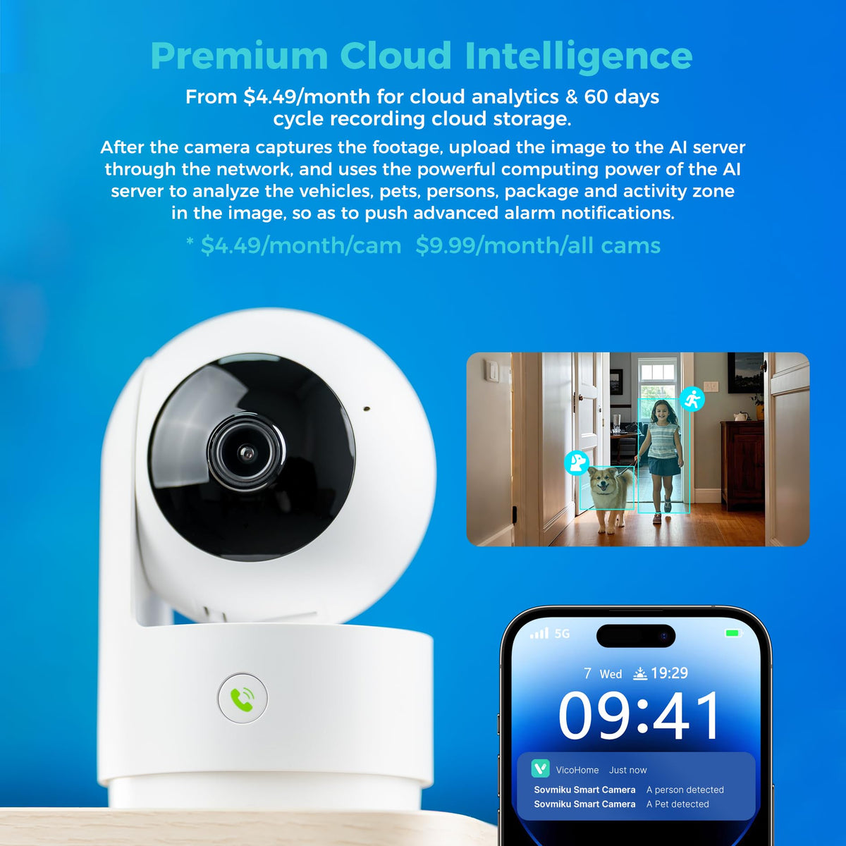 Vicohome AI 2K Outdoor Solar Battery Security Cam & Indoor Plug-in Cam System, Two Way Audio, Motion Detection, 360° View, Easy to Setup, Color Night Vision, Audible Siren, 180 Days Exchange Policy