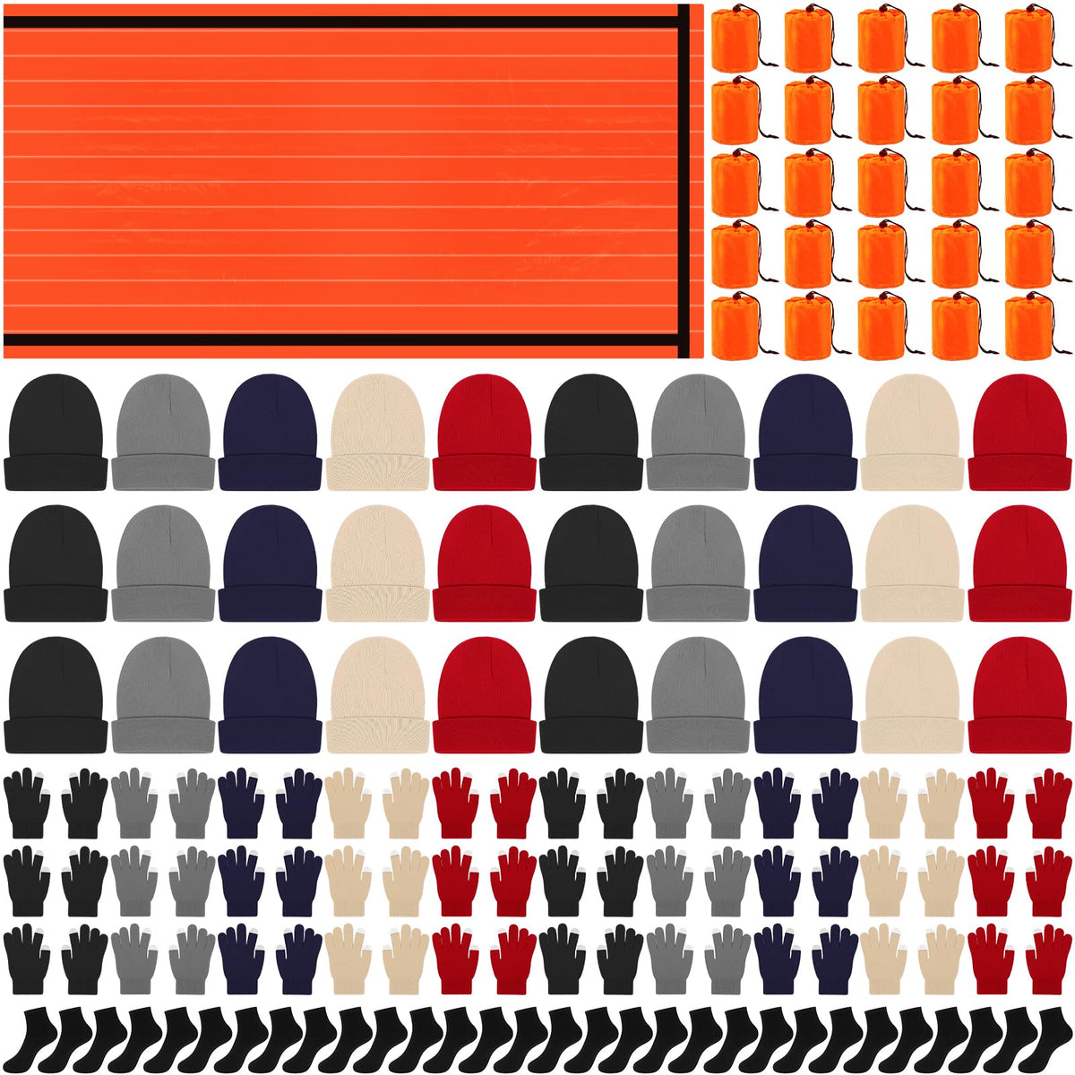 Chicingyou 120 Pcs Homeless Care Package Supplies Bulk Winter Emergency Thermal Blankets Warmer Beanie Socks Touchscreen Gloves for Men Women Cold Weather Outdoor Survival Kits(Multicolor)
