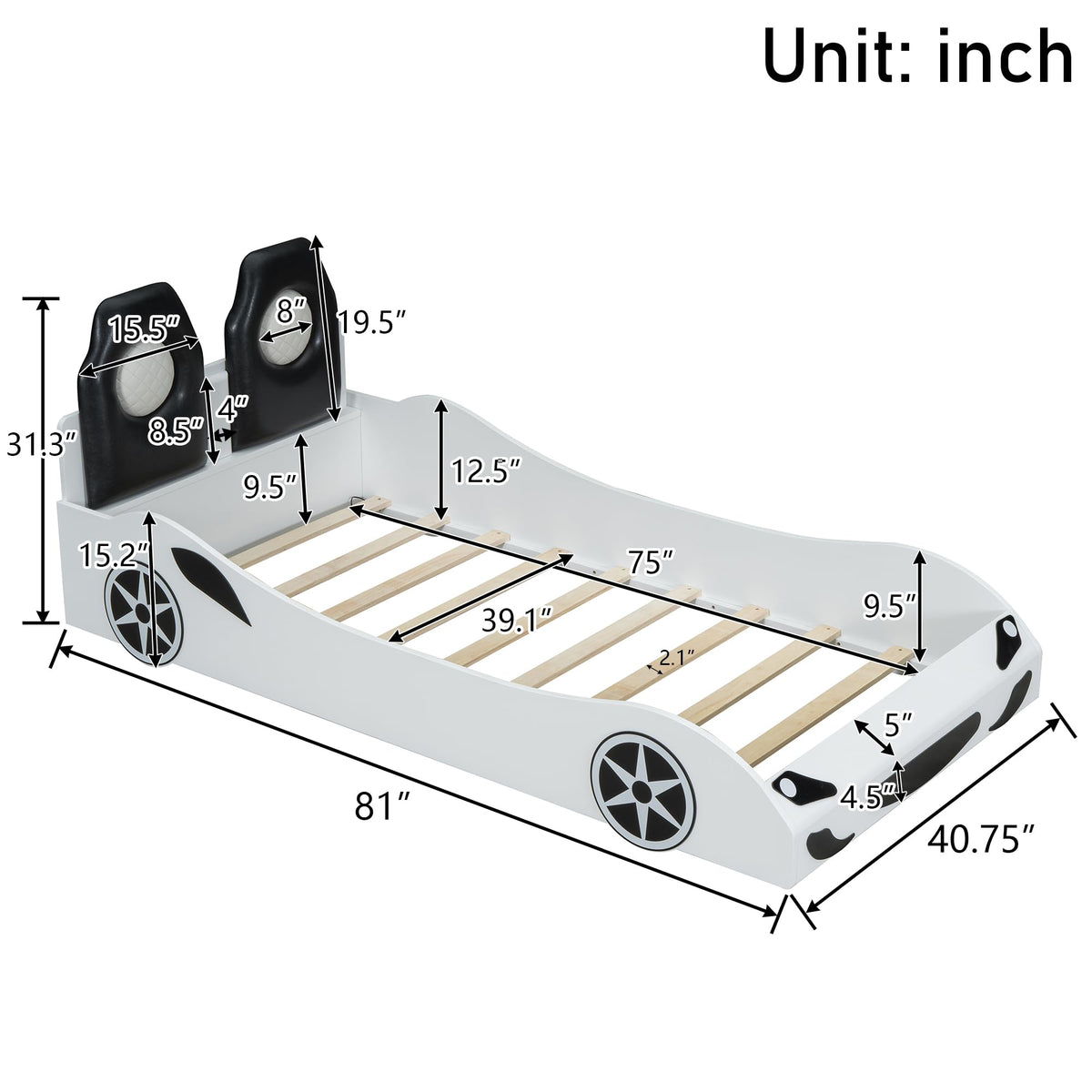 Bellemave Wood Twin Size Race Car-Shaped Platform Bed with LED and Upholstered Backrest, Platform Bed Frame with Race Car-Shaped and Safety Guardrails for Boys, Girls (White)