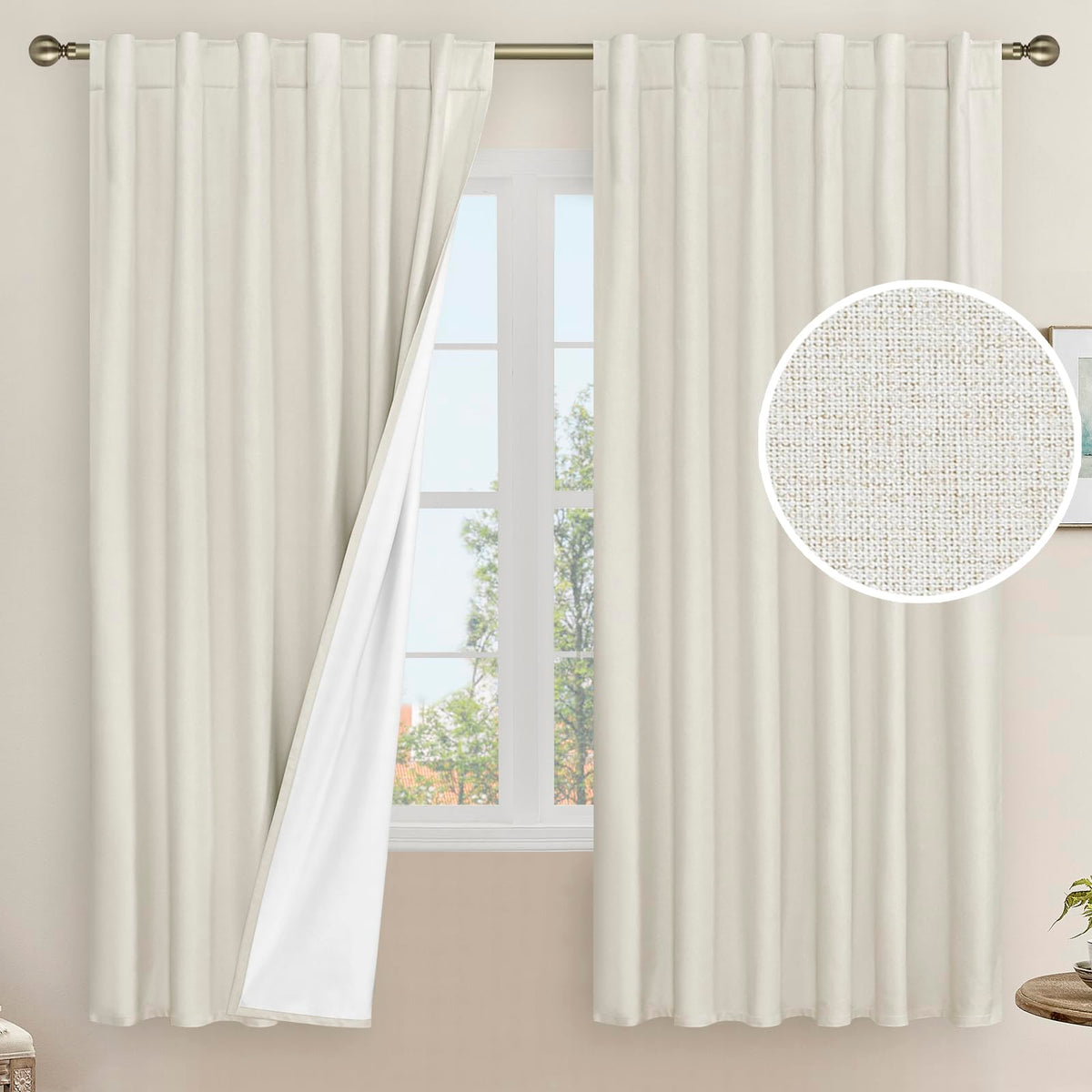 LAMIT 100% Blackout Natural Polyester Curtains, 63 Inches Linen Textured Thermal Bedroom Curtains Back Tab and Rod Pocket Neutral Panels with White Liner for Farmhouse, 2 Panels, 52 x 63 Inch, Ivory