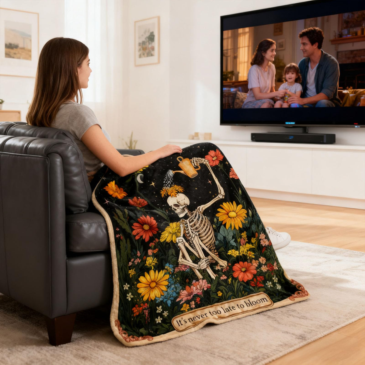 kampdream Life & Hope Flannel Blanket, Skeleton Watering Flowers, Super Soft & Warm Couch Sofa Living Room Optimistic Decor Ideal Gift for Family Friends 50×60 inch