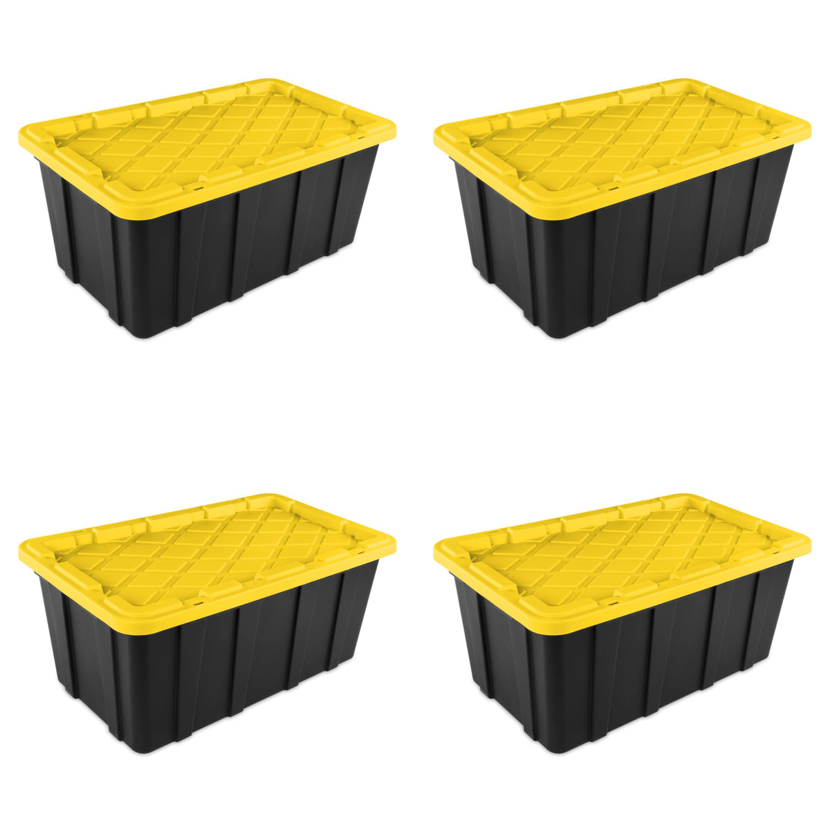 Sterilite 38 Gal Industrial Tote, Stackable Storage Bin with Snap-Fit Lid for Garage, Basement & Attic Storage, Black Base and Yellow Lily Lid, 4-Pack