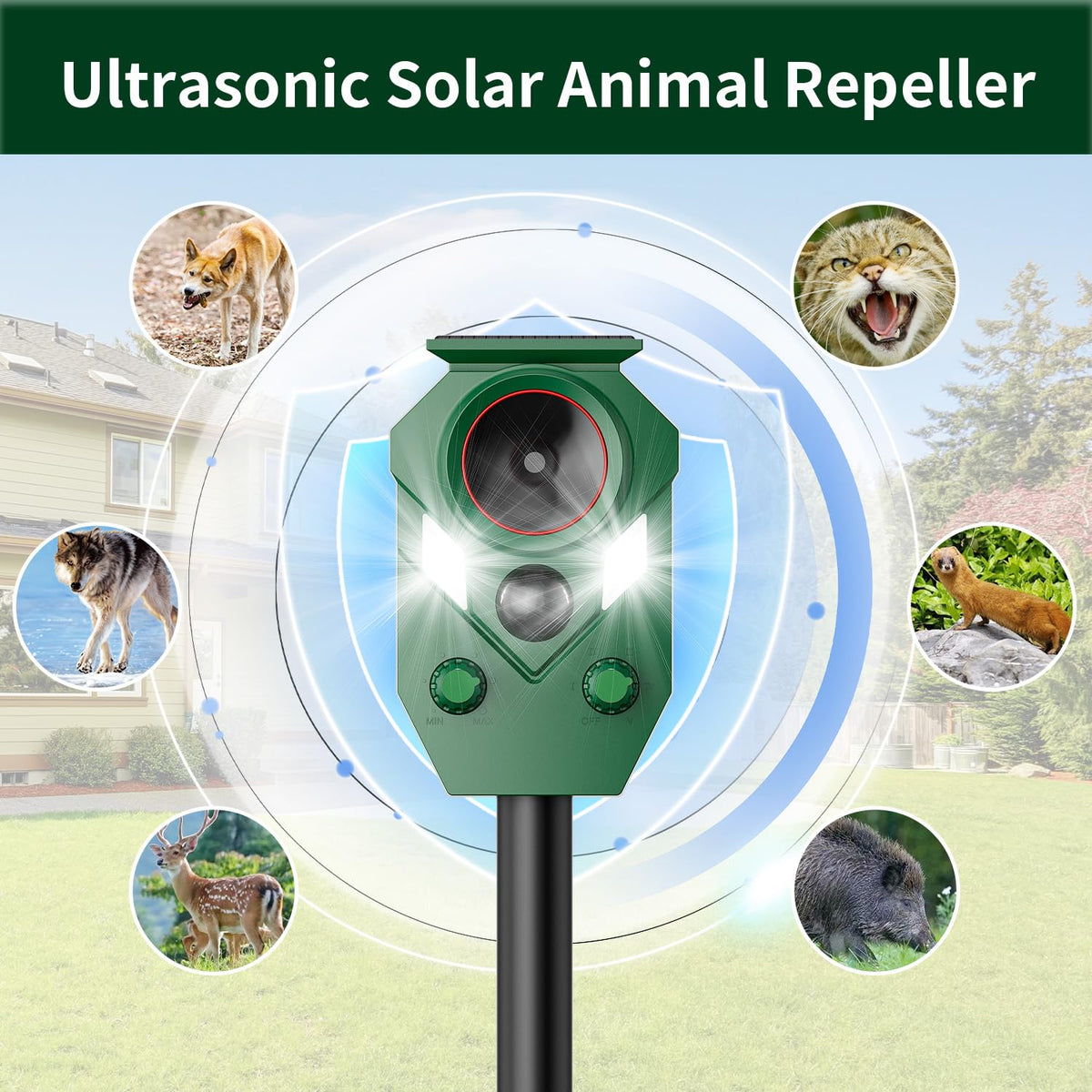4 Pack Solar Ultrasonic Animal Repeller Outdoor – Motion Sensor Activated Cat & Dog Deterrent, IP65 Waterproof, Strobe Lights & Sound, Deer Repellent for Yard, Lawn, Farm