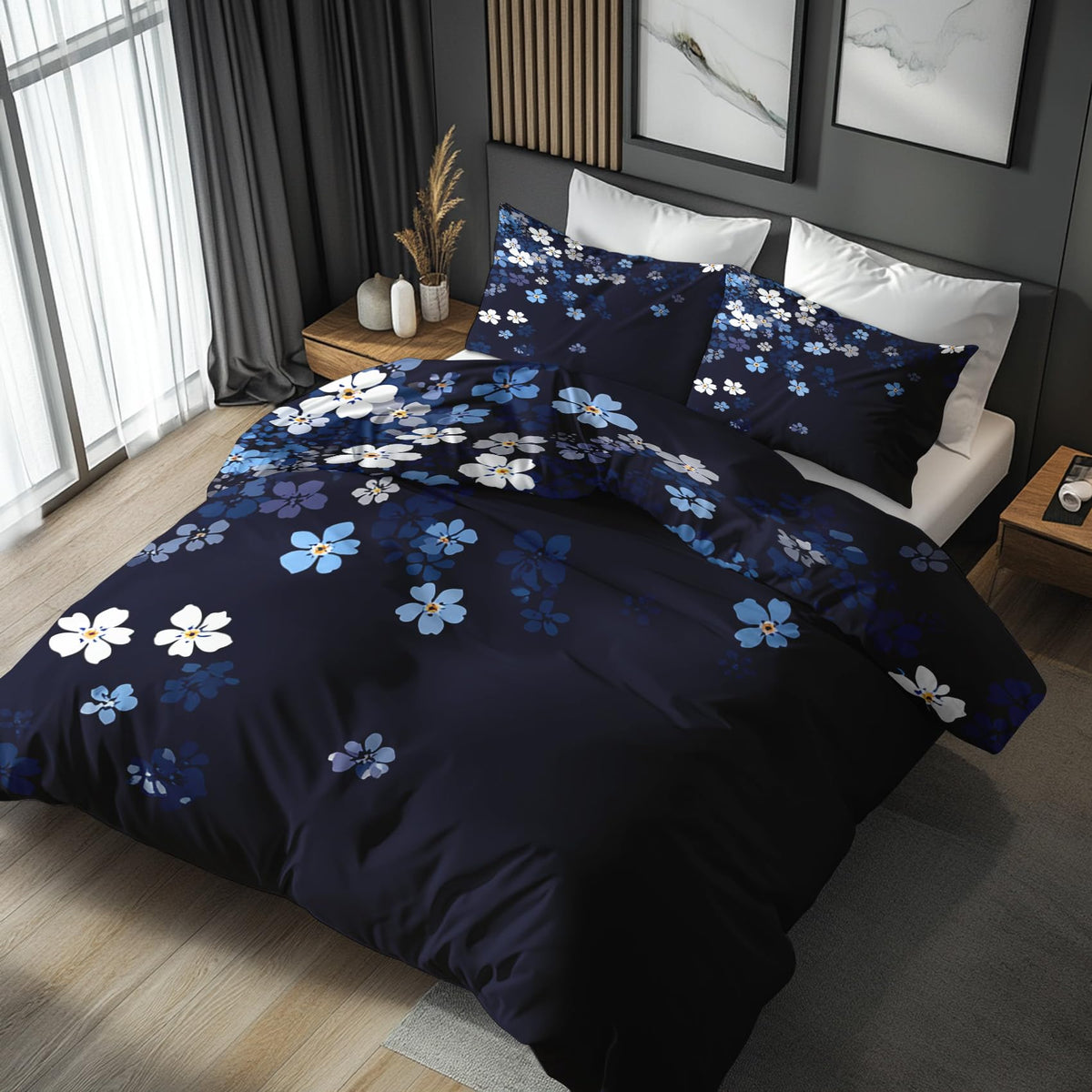 Navy Blue Floral King Size Duvet Cover Set 3 Piece, Botanical Flower Reversible Bedding with 2 Pillow Shams, Zipper & Ties, Ultra Soft Microfiber, Floral Bedroom Decorations 46A-I