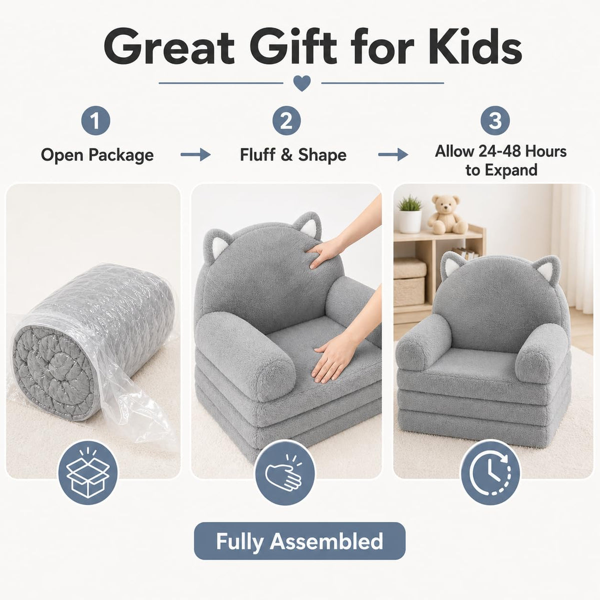 MONKISS Kids Couch, Comfy Toddler Chair, 2 in 1 Fold Out Kids Sofa, Baby Sitting Chair with Washable Cover, Toddler Furniture for Reading, TV and Playroom, Birthday Gifts, 1-4 Years Old, Grey Cat