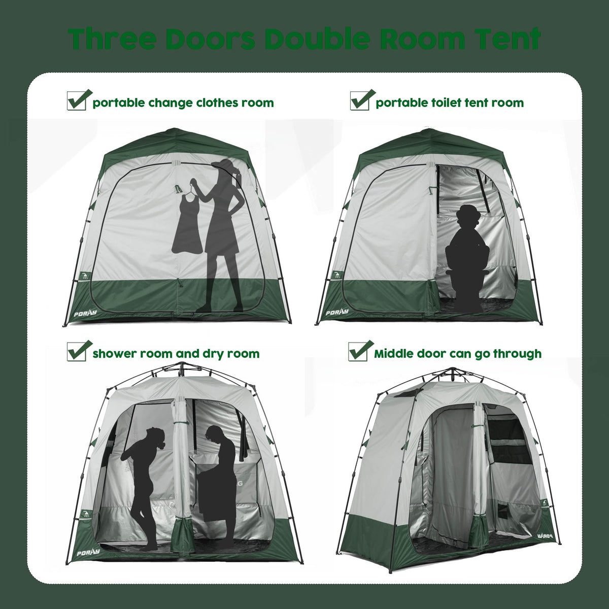 Porayhut Portable Camping Shower Tent Deluxe Changing Room Easy Set Up Privacy Shelter,Large Toilet Tent 2 Rooms with Floor Drain Design for Beach, Camping,Hiking with Stakes and Ropes for Stability