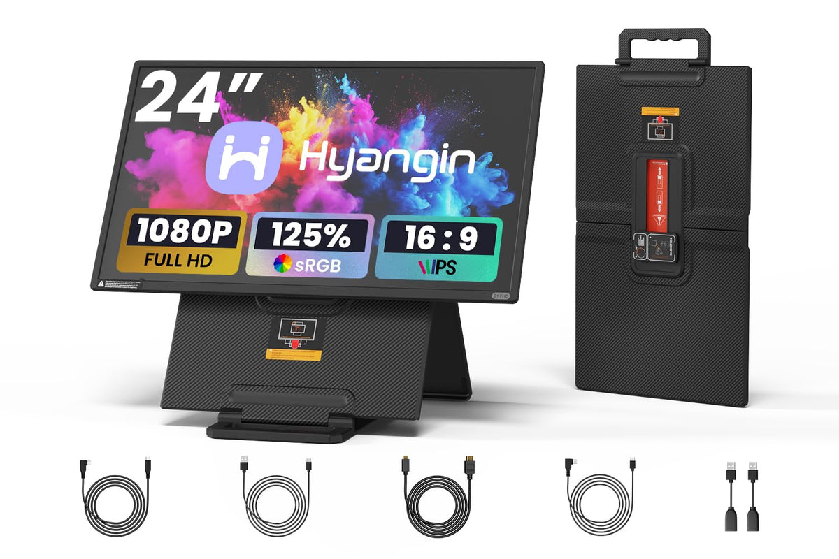Hyangin 24-inch Large Portable Monitor for Laptop, 2026 Upgraded 1080P FHD 100Hz Portable Screen,125% sRGB IPS Portable Second Monitor with Adjustable Stand for Laptop, MacBook, Phones