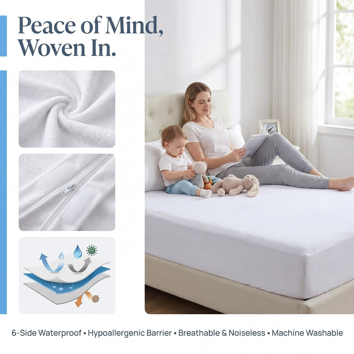 Queen Zippered Mattress Protector,Absorbent Six-Sided Mattress Cover Queen Size Bed, 12-15 Inch Noiseless Washable Mattress Encasement, Sleep Defense System, Hypoallergenic & Soft