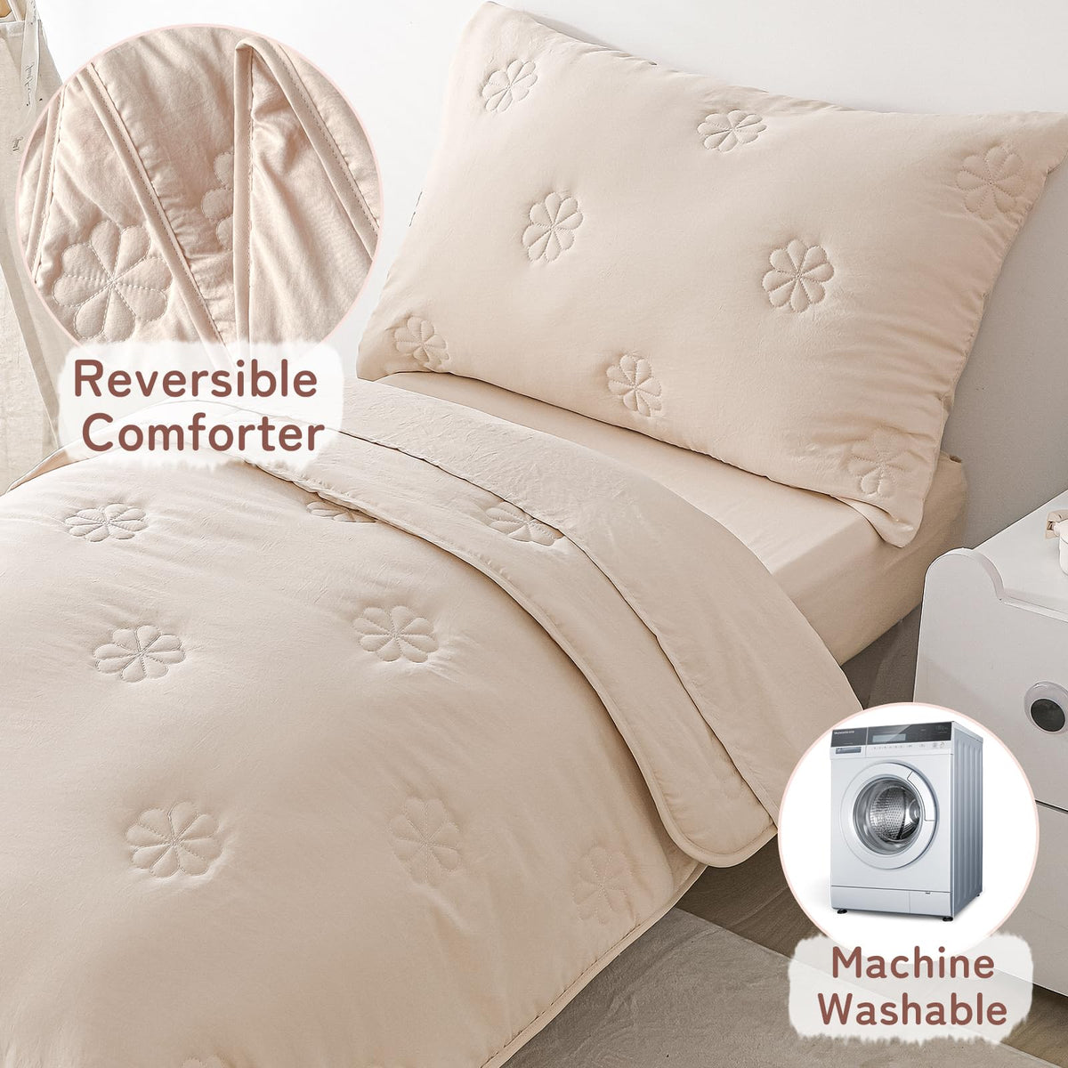 DreLunis 4-Piece Toddler Bedding Sets for Girls Boys, Soft Microfiber Floral Embroidery Toddler Bed Comforter Bed-in-a-Bag Includes Comforter, Flat Sheet, Fitted Sheet, Envelope Pillowcase, Beige