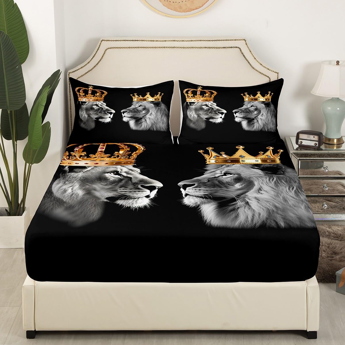 Wild Lion Couple Bed Sheet Set Twin Size,Gold King and Queen Crown,Bedding Decor Set with 1 Flat & 1 Fitted SheetTropical African Animal with 1 Pillow Sham for Kids Boys Bedroom Decor