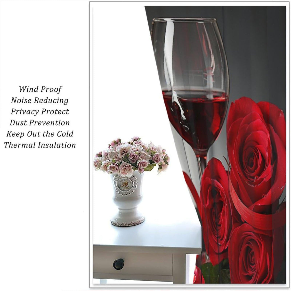 Wines Blackout Window Curtains Candle Red Roses and Red Wine Female Romantic Art Thermal Insulated Darkening for Living Room Bedroom Children's Room Decor Set 2 Panels,42x45 Inches