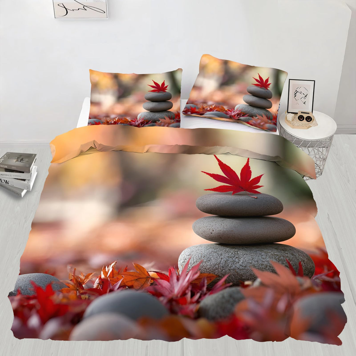 PAISUOQ Zen Stones Bedding Duvet Covers, Red Maple Leaves Comforter King Size, Spa Meditation Bedding Sets with Zipper & Ties, 3 Pieces with 2 Pillowcases, Home Decor & Gifts
