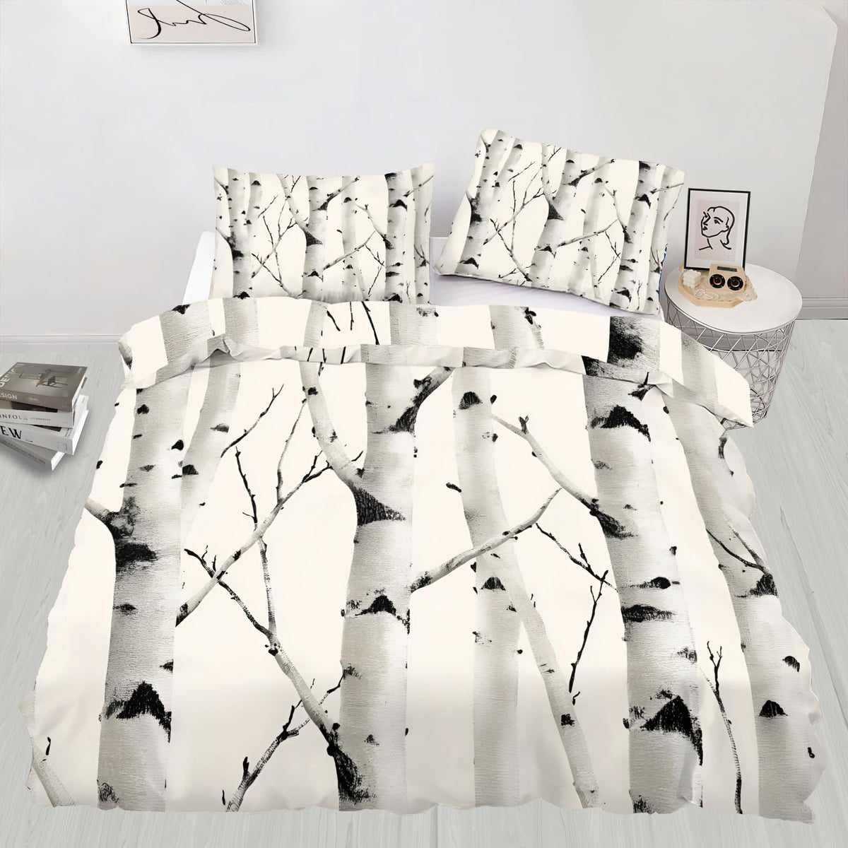 QINYUN Birch Tree Duvet Cover Oversized King Size, Forest Bedding Set 3 Piece, Forest Seasonal Nature Woodland Comforter Cover 120x98 and 2 Pillow Sham with Zipper Closure